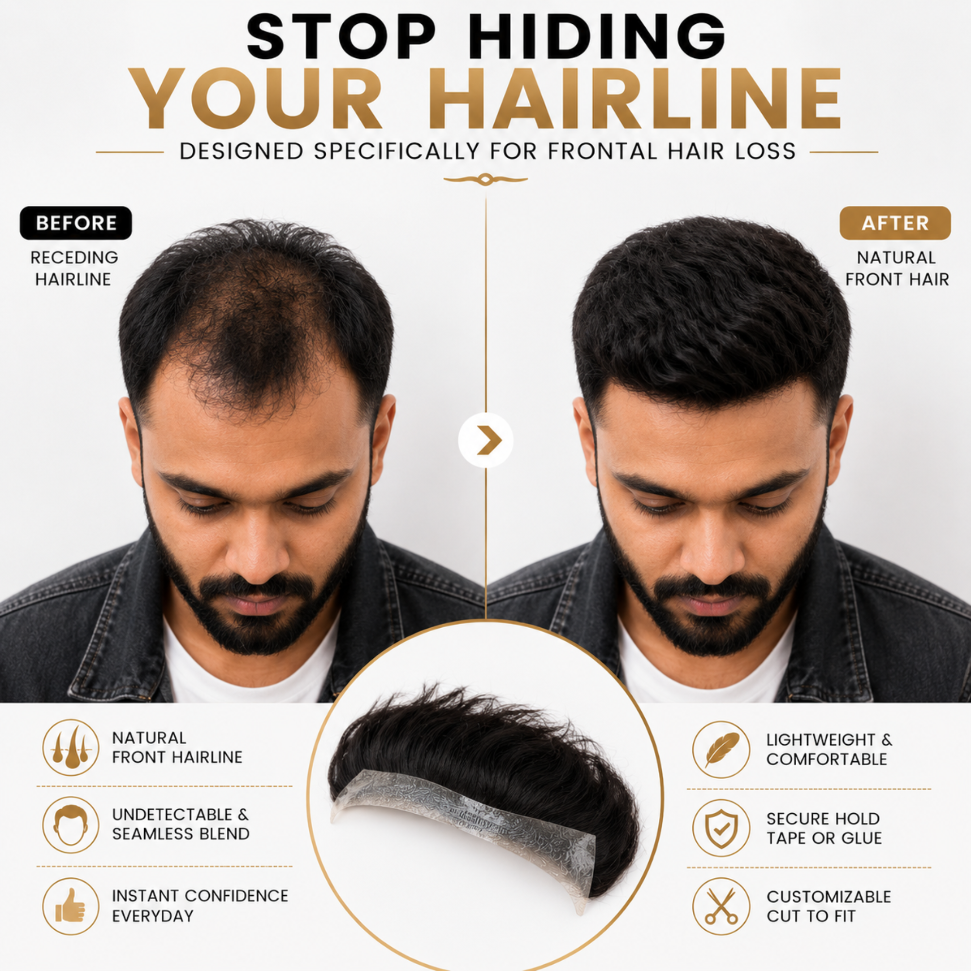 Hairzo Men’s Frontal Forehead Hair Topper Patch | Indian Human Hair Thin Skin PU Toupee for Receding Hairline | Natural V Loop Hair Replacement System for Men