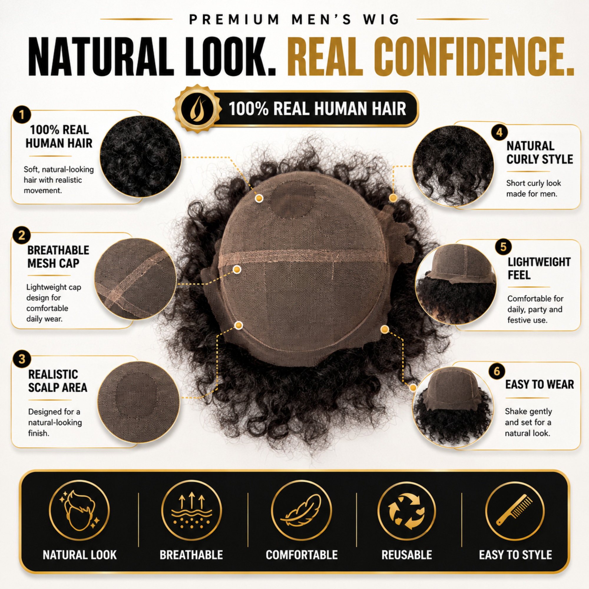 Hairzo Curly Hair Wig for Men | Natural Looking Synthetic Men's Wig with Realistic Scalp Design | Lightweight Short Curly Wig for Daily Wear & Special Occasions