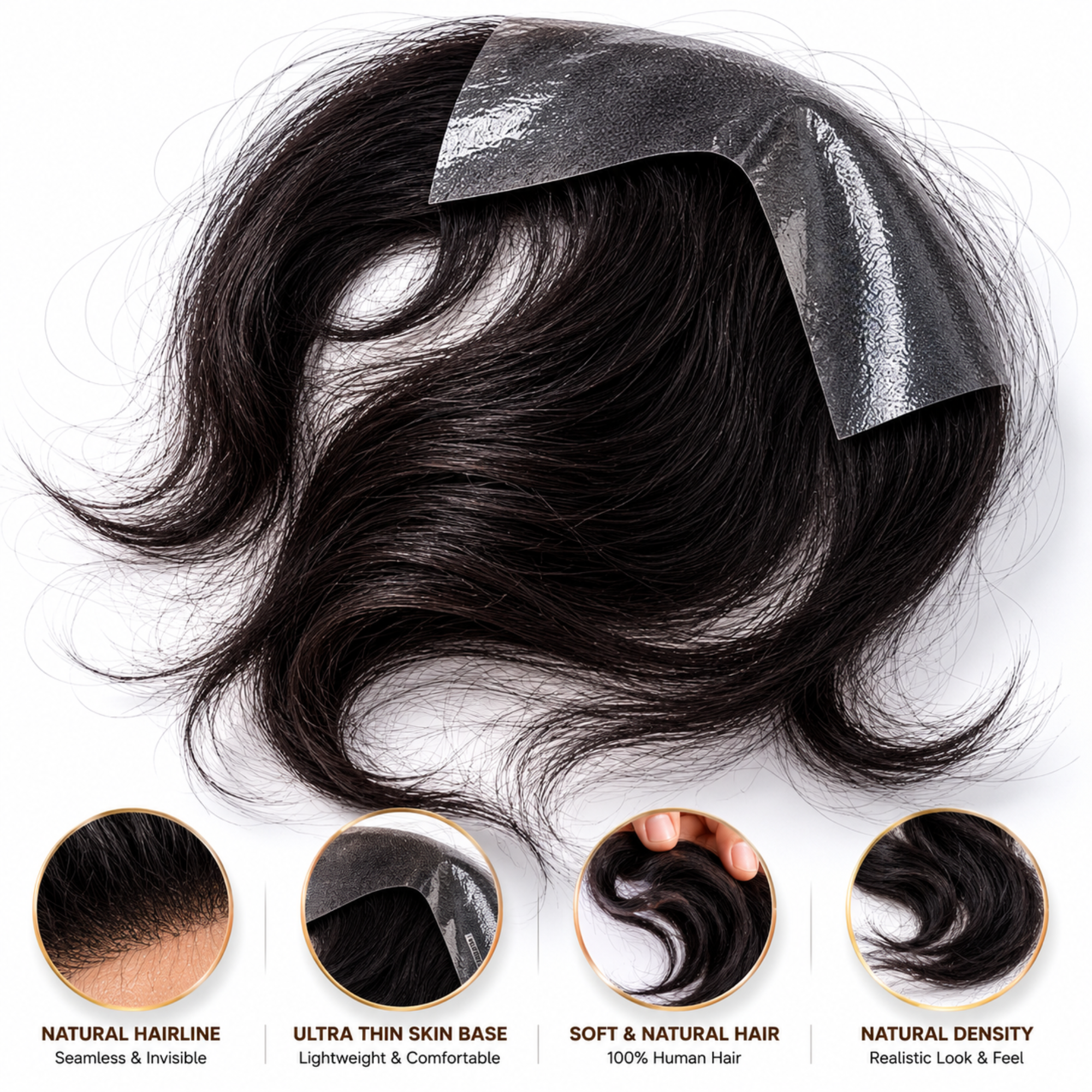 Hairzo Men’s Frontal Forehead Hair Topper Patch | Indian Human Hair Thin Skin PU Toupee for Receding Hairline | Natural V Loop Hair Replacement System for Men