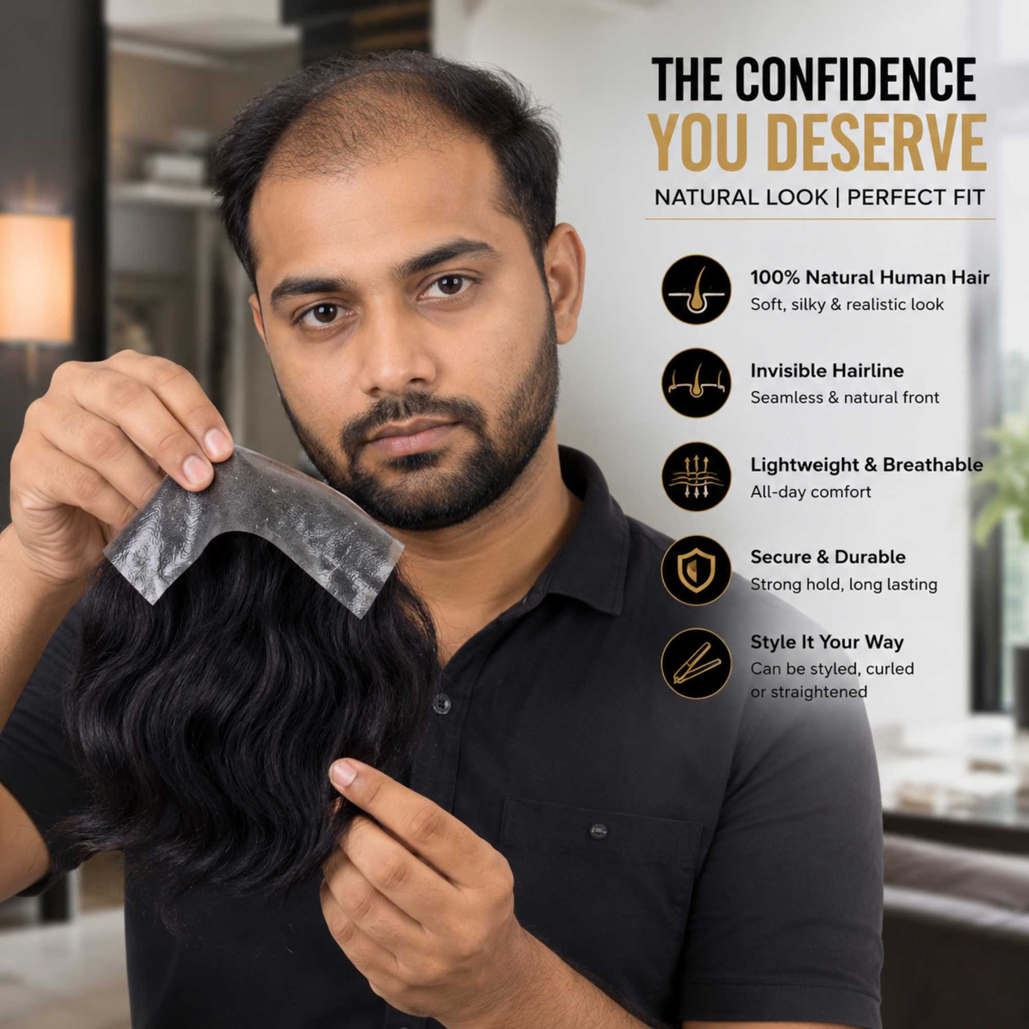Hairzo Men’s Frontal Forehead Hair Topper Patch | Indian Human Hair Thin Skin PU Toupee for Receding Hairline | Natural V Loop Hair Replacement System for Men