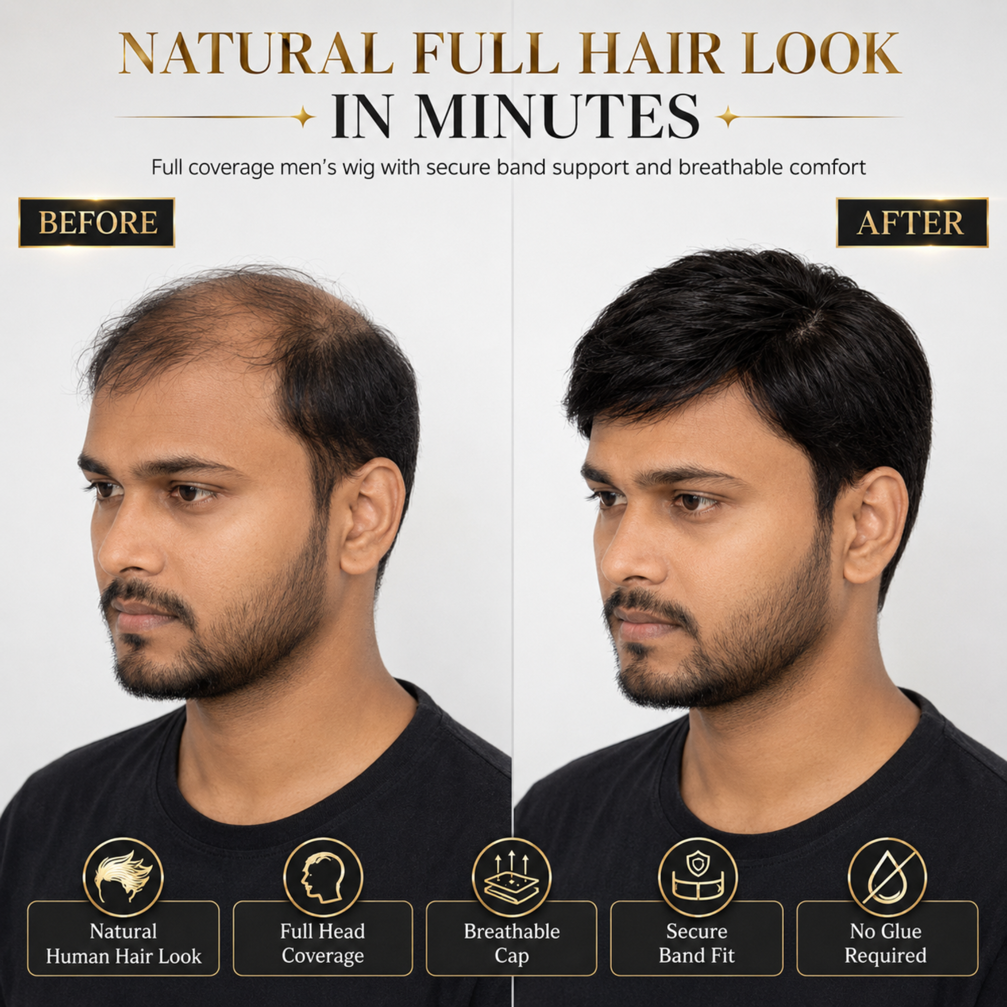 Hairzo SKIN MULTI COMBING Hair Patch for Men | 100% Indian Remy Human Hair Skin Base Hair Replacement System with Clip & Adjustable Band