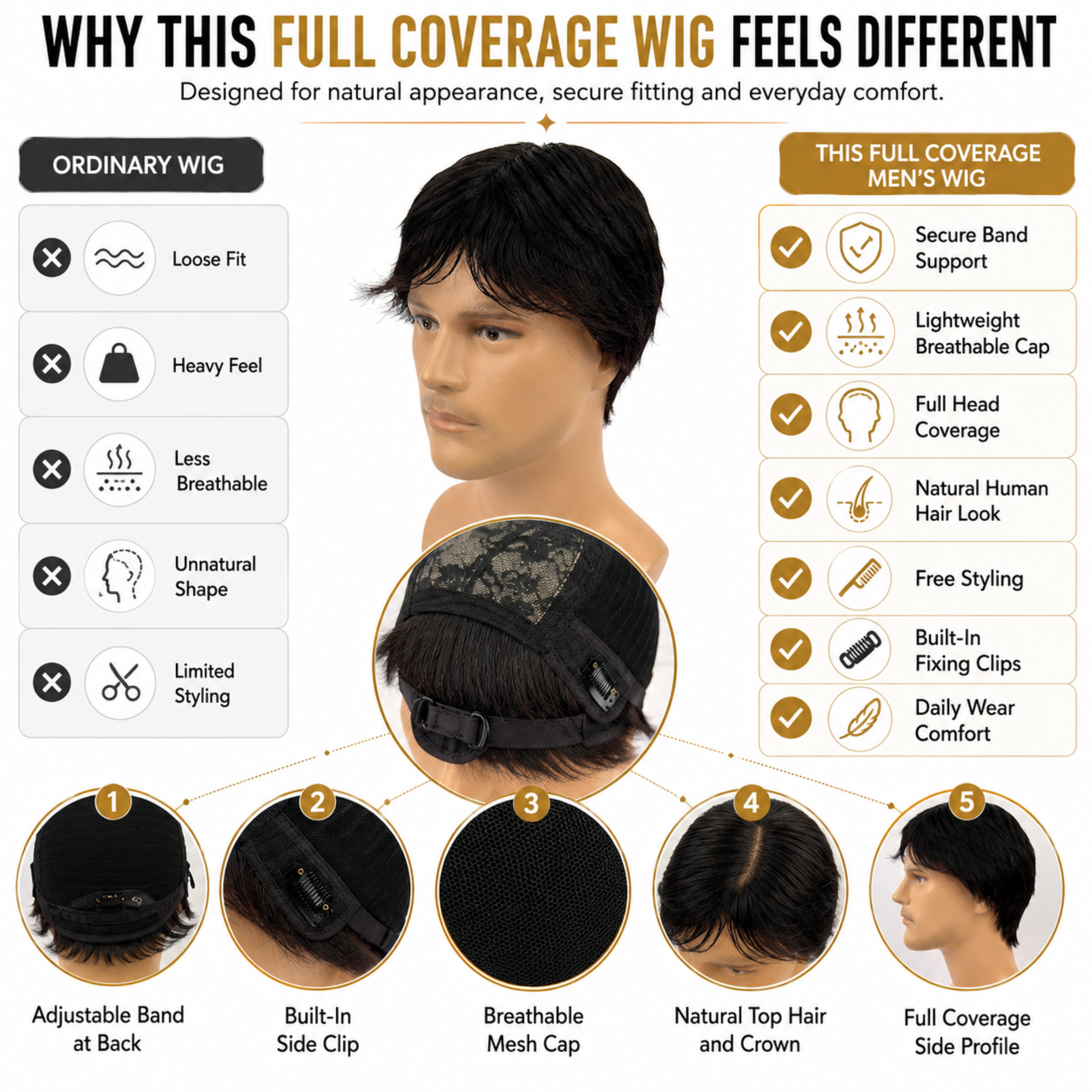 Hairzo SKIN MULTI COMBING Hair Patch for Men | 100% Indian Remy Human Hair Skin Base Hair Replacement System with Clip & Adjustable Band