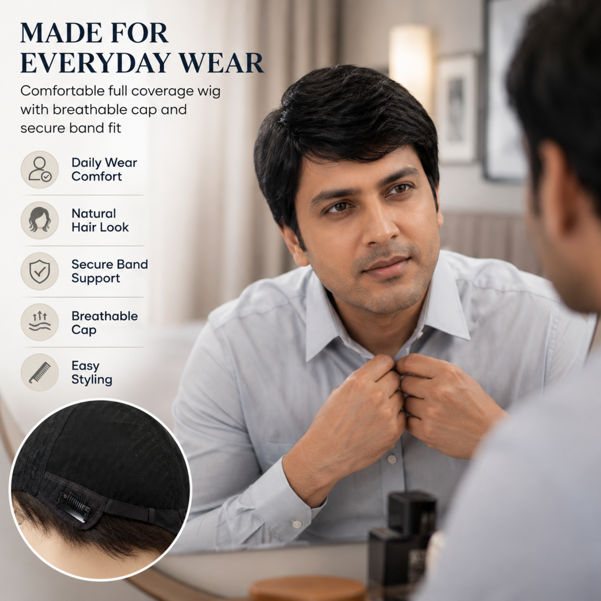 Hairzo SKIN MULTI COMBING Hair Patch for Men | 100% Indian Remy Human Hair Skin Base Hair Replacement System with Clip & Adjustable Band