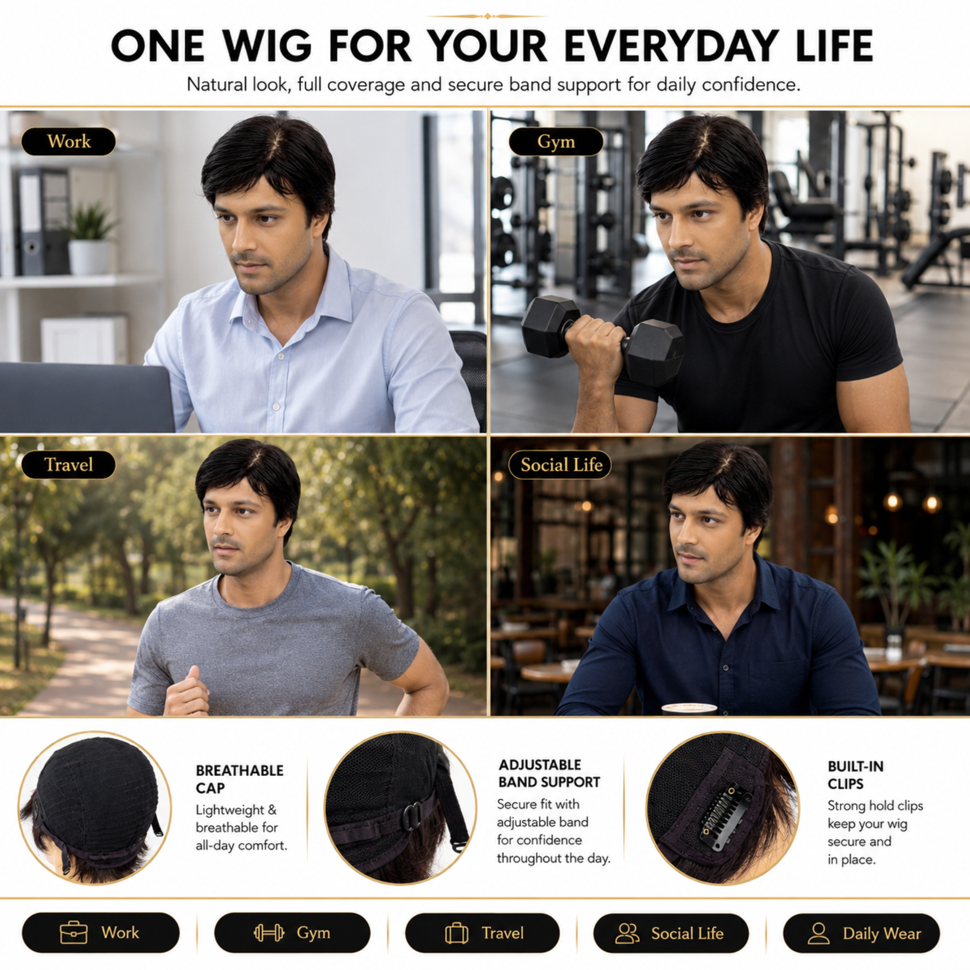 Hairzo SKIN MULTI COMBING Hair Patch for Men | 100% Indian Remy Human Hair Skin Base Hair Replacement System with Clip & Adjustable Band