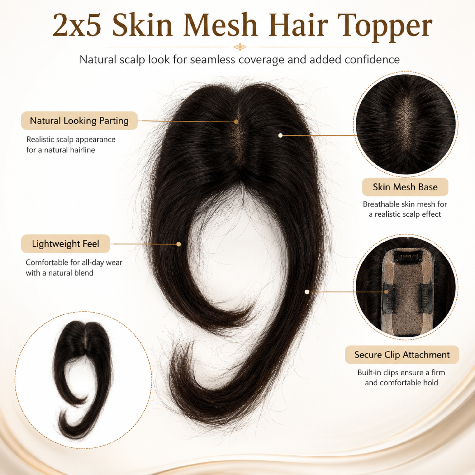 Hairzo 2x5 Bio Base Hair Topper | 100% Remy Virgin Human Hair Topper for Women | Natural Hair Volume & Parting Coverage Solution