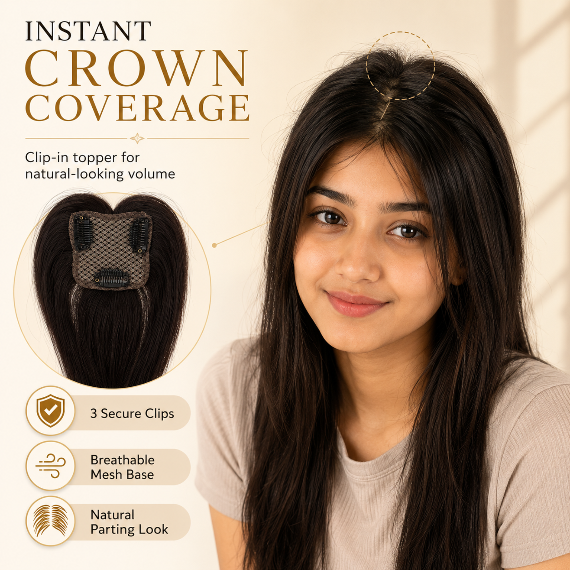 Hairzo 3 Clip Butterfly Hair Topper | Crown Volume Hair Topper for Women | Lightweight Clip-In Hair Topper for Thinning Hair & Parting Coverage
