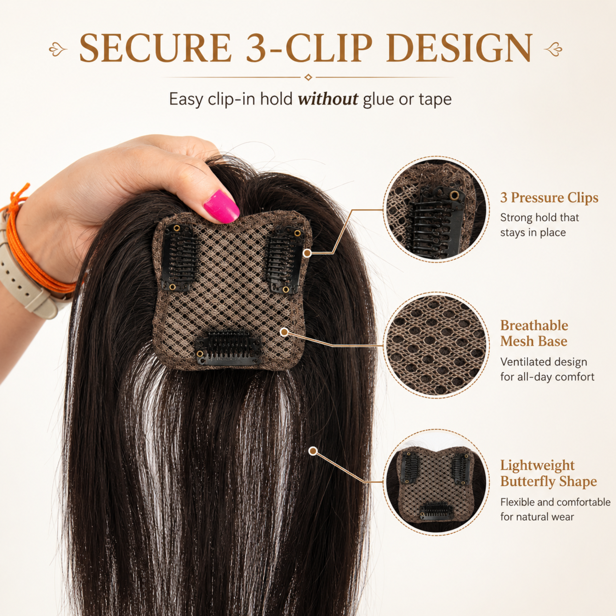 Hairzo 3 Clip Butterfly Hair Topper | Crown Volume Hair Topper for Women | Lightweight Clip-In Hair Topper for Thinning Hair & Parting Coverage