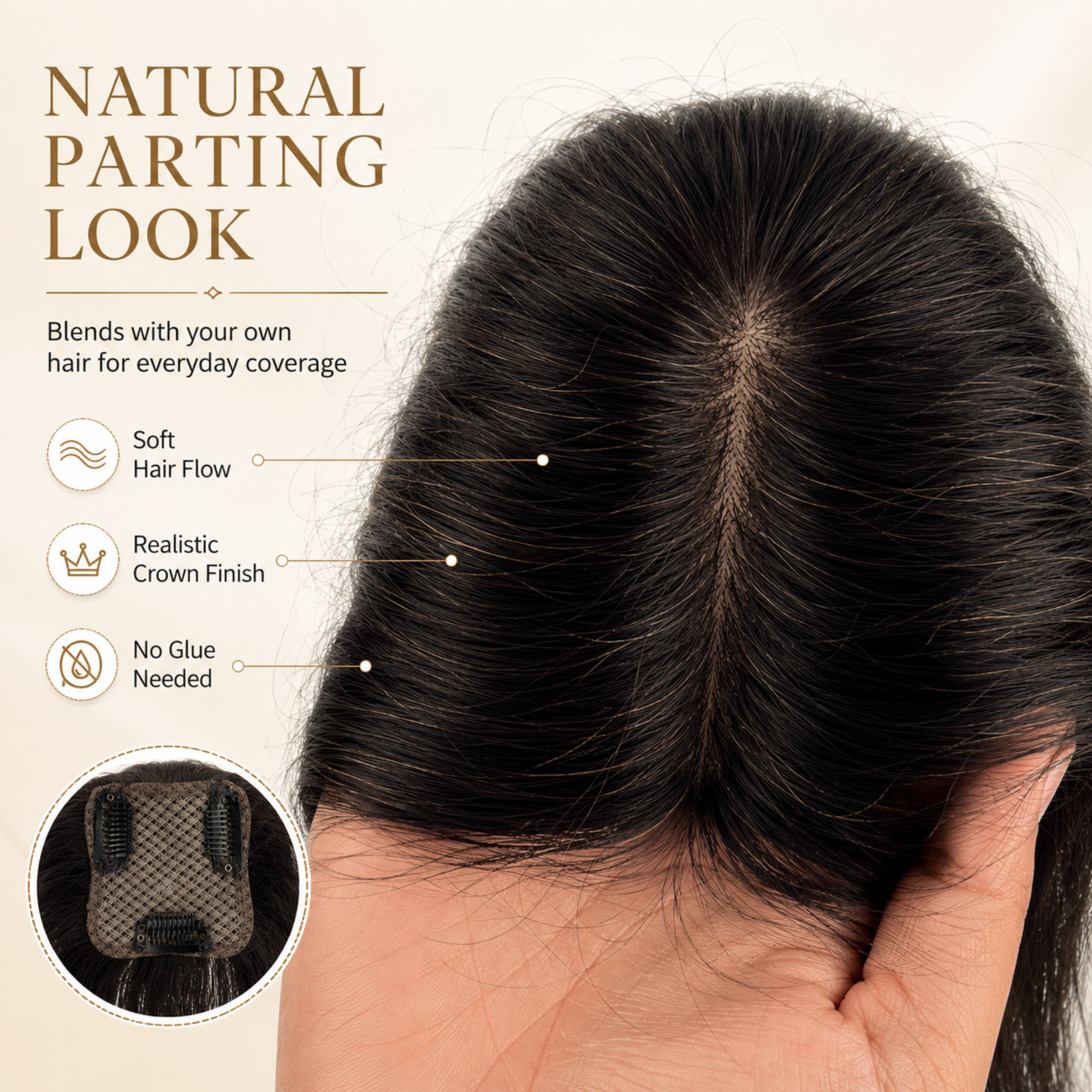Hairzo 3 Clip Butterfly Hair Topper | Crown Volume Hair Topper for Women | Lightweight Clip-In Hair Topper for Thinning Hair & Parting Coverage