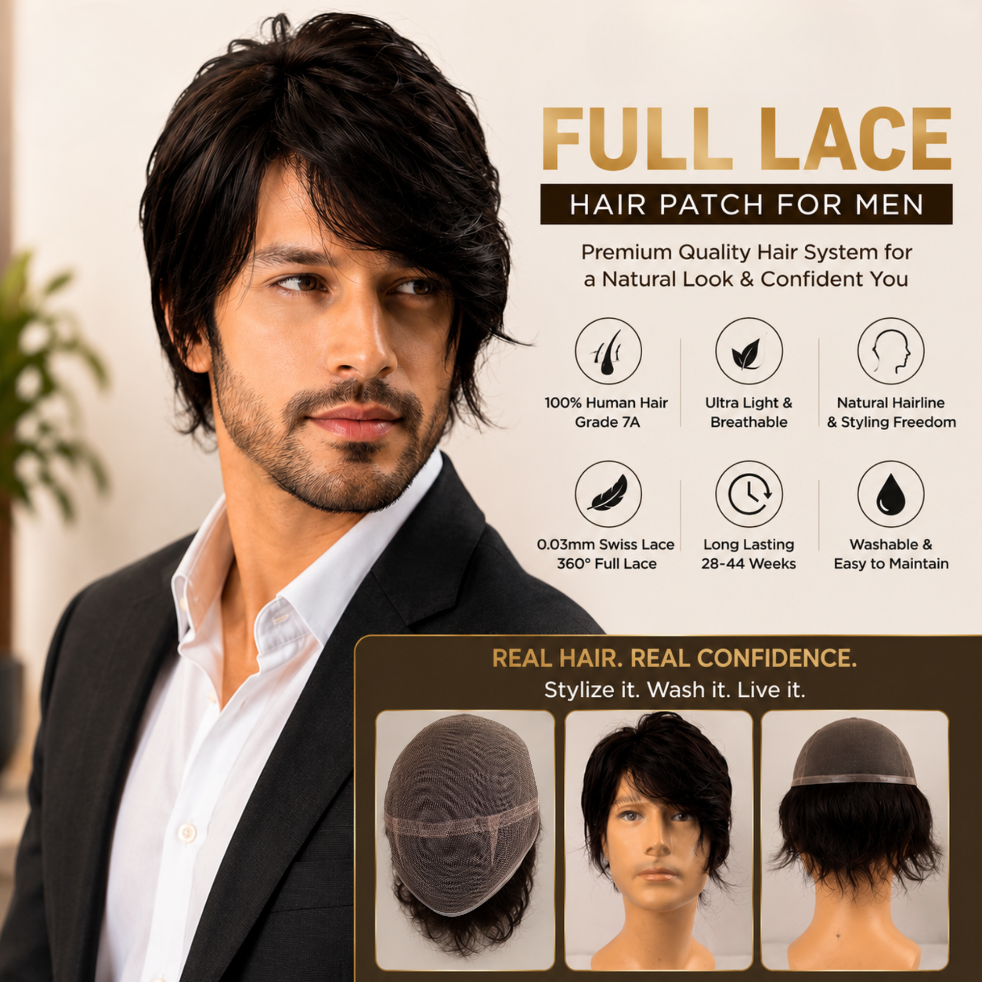 Hairzo Full Lace Hair Patch for Men – 100% Real Human Hair, 360° Full Lace