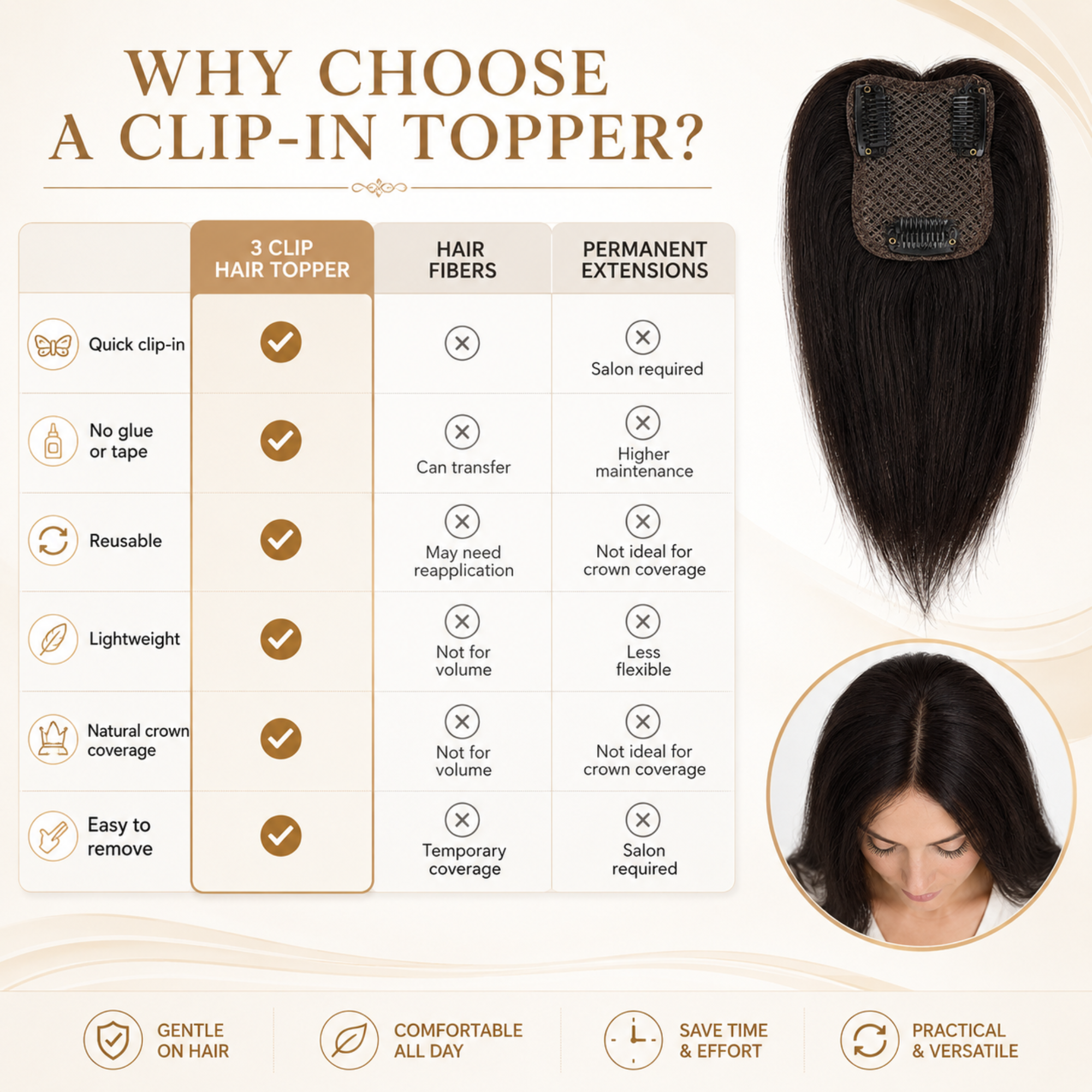 Hairzo 3 Clip Butterfly Hair Topper | Crown Volume Hair Topper for Women | Lightweight Clip-In Hair Topper for Thinning Hair & Parting Coverage