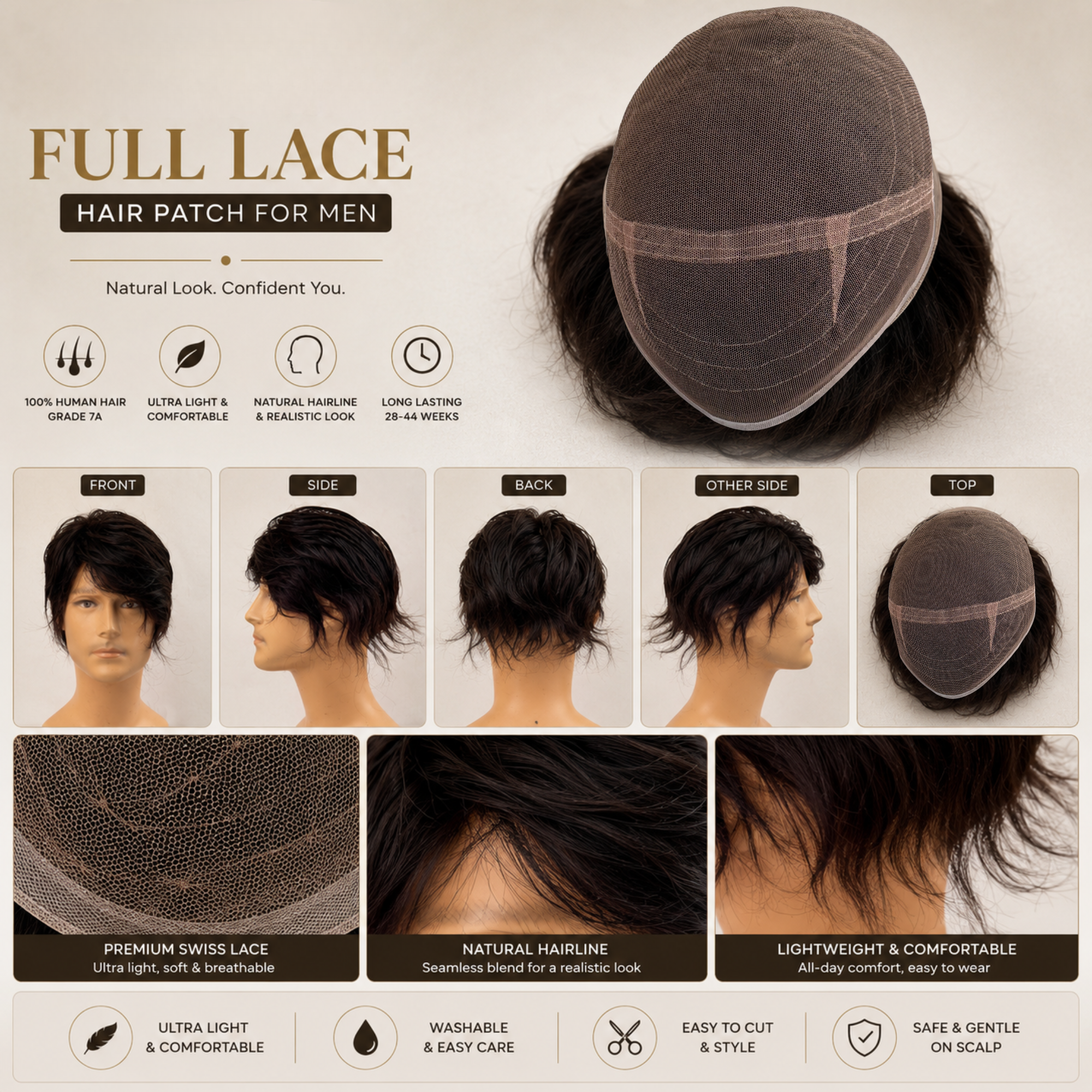 Hairzo Full Lace Hair Patch for Men – 100% Real Human Hair, 360° Full Lace