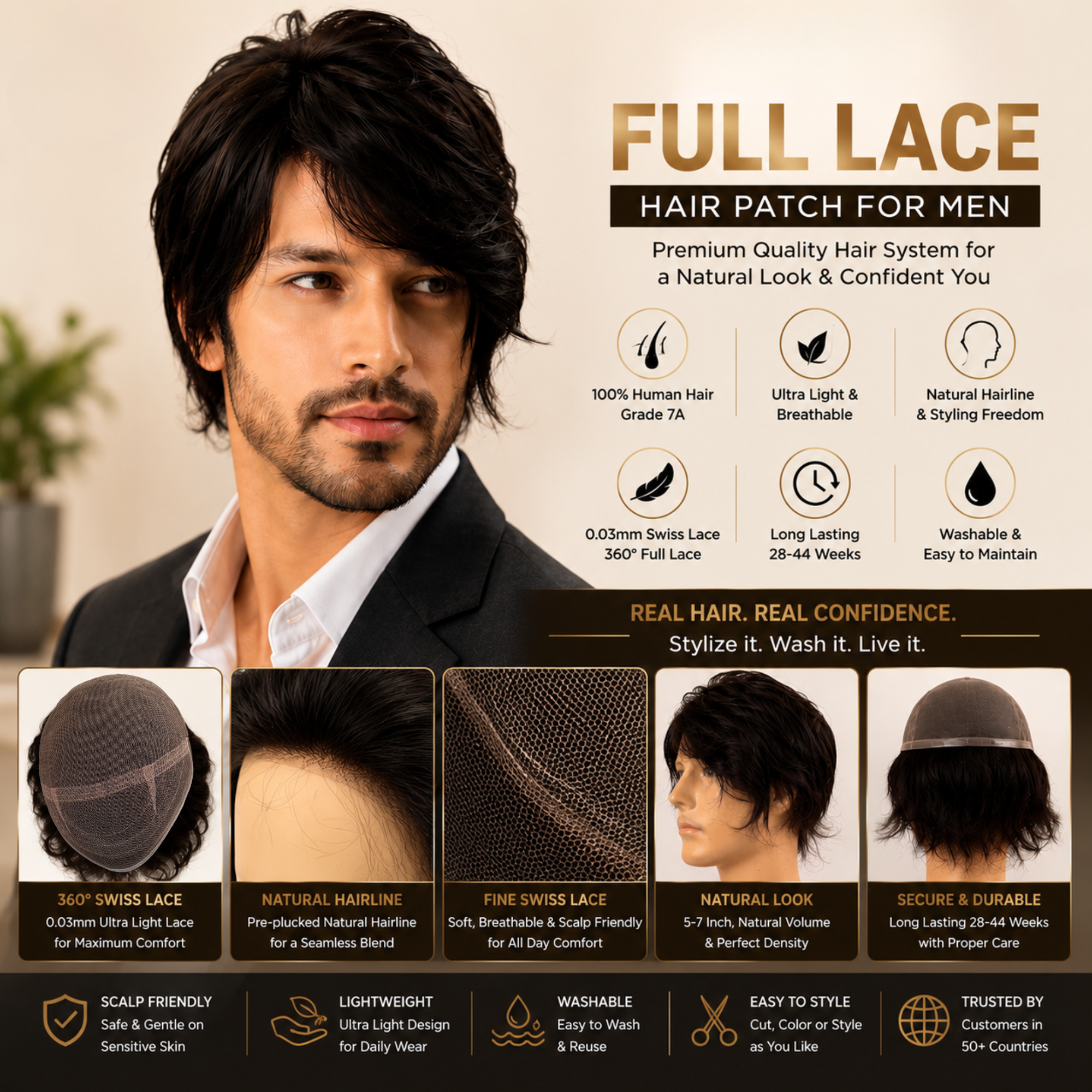 Hairzo Full Lace Hair Patch for Men – 100% Real Human Hair, 360° Full Lace