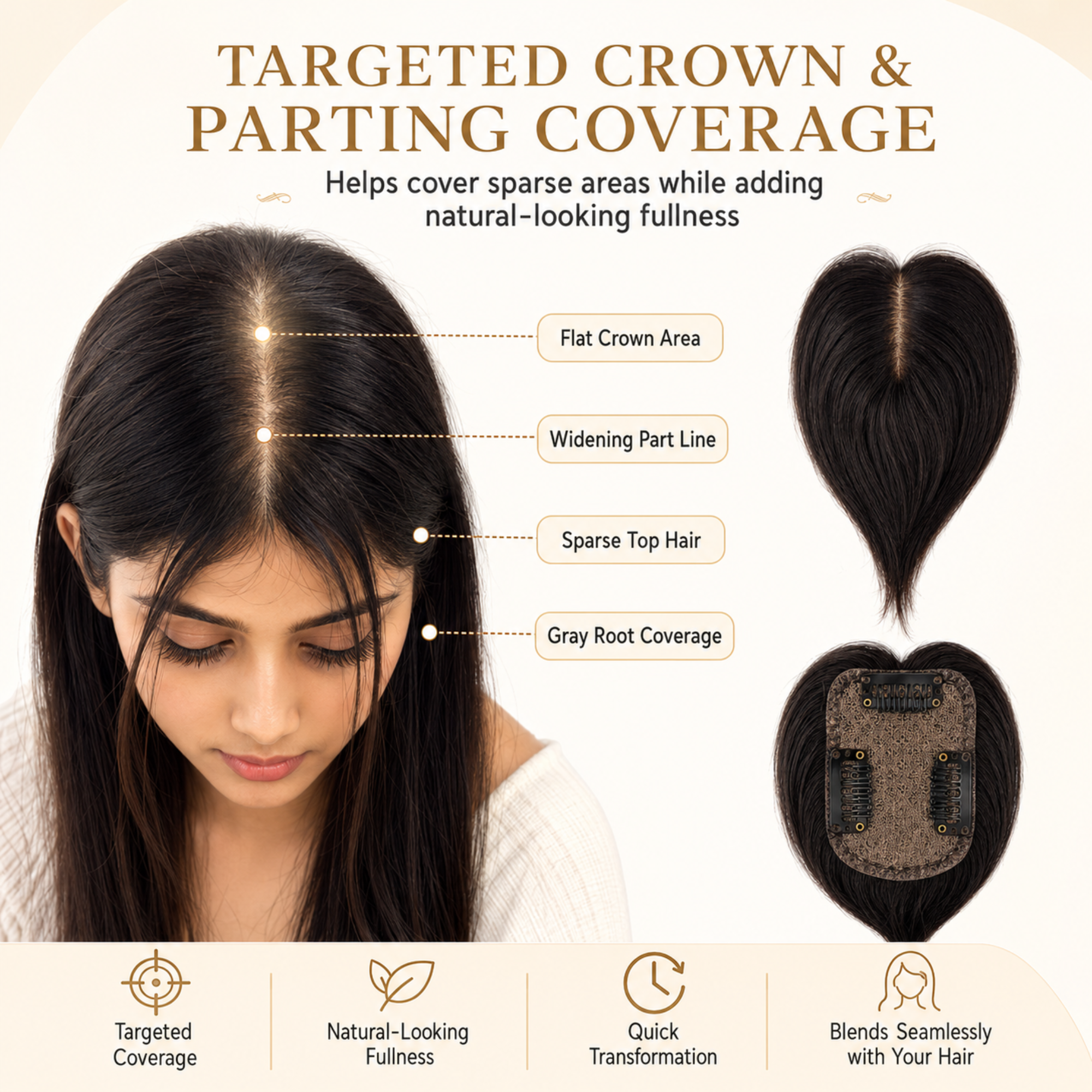 Hairzo 3 Clip Butterfly Hair Topper | Crown Volume Hair Topper for Women | Lightweight Clip-In Hair Topper for Thinning Hair & Parting Coverage