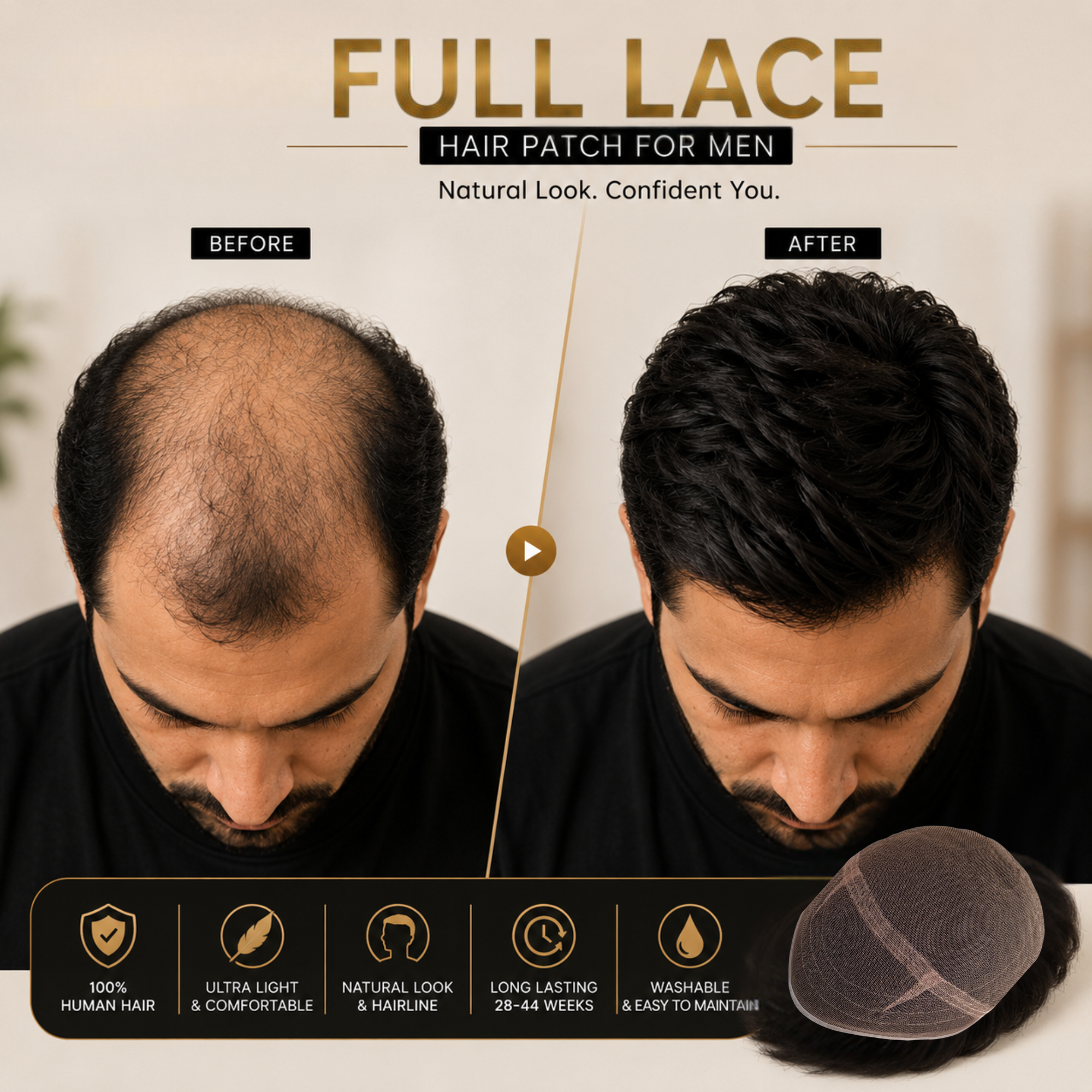 Hairzo Full Lace Hair Patch for Men – 100% Real Human Hair, 360° Full Lace