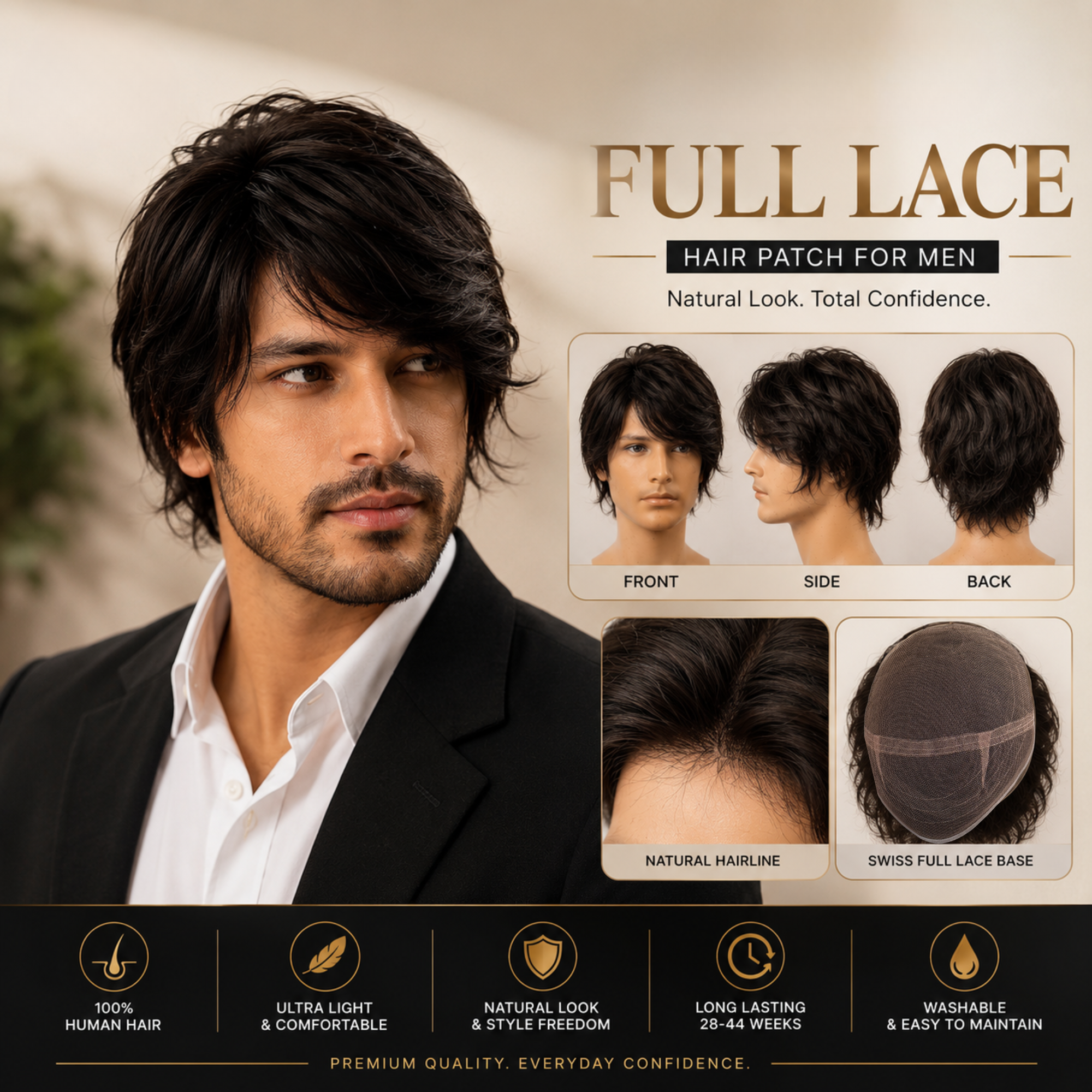 Hairzo Full Lace Hair Patch for Men – 100% Real Human Hair, 360° Full Lace