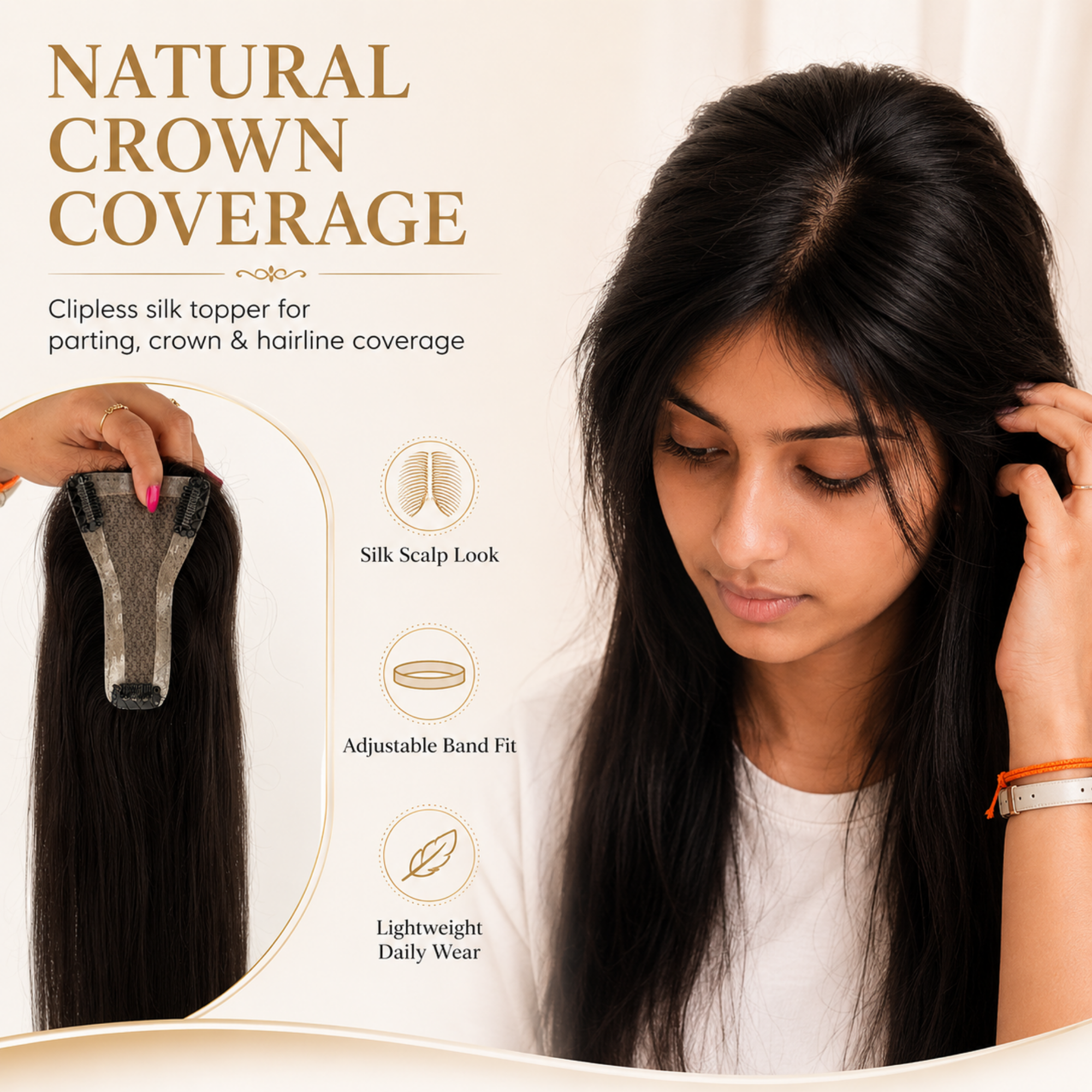 Hairzo T-Shape Clipless Silk Hair Topper | 100% Virgin Remy Human Hair Topper with Adjustable Band | Crown & Parting Coverage Hair Topper for Women