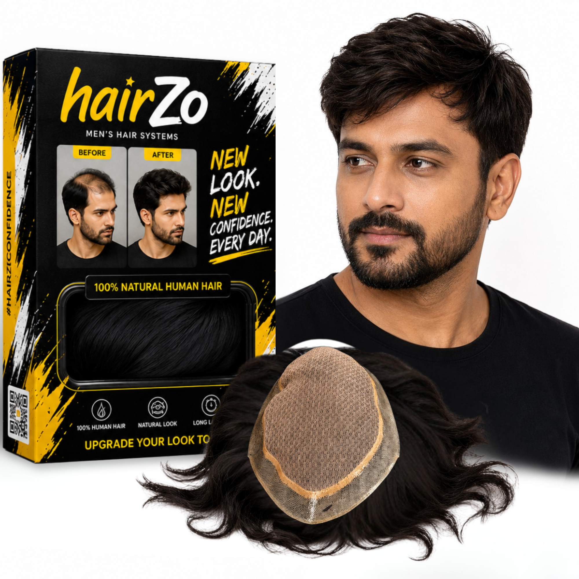Hairzo Mirage Skin Base Hair Patch for Men – 100% Human Hair with Wide PU Border
