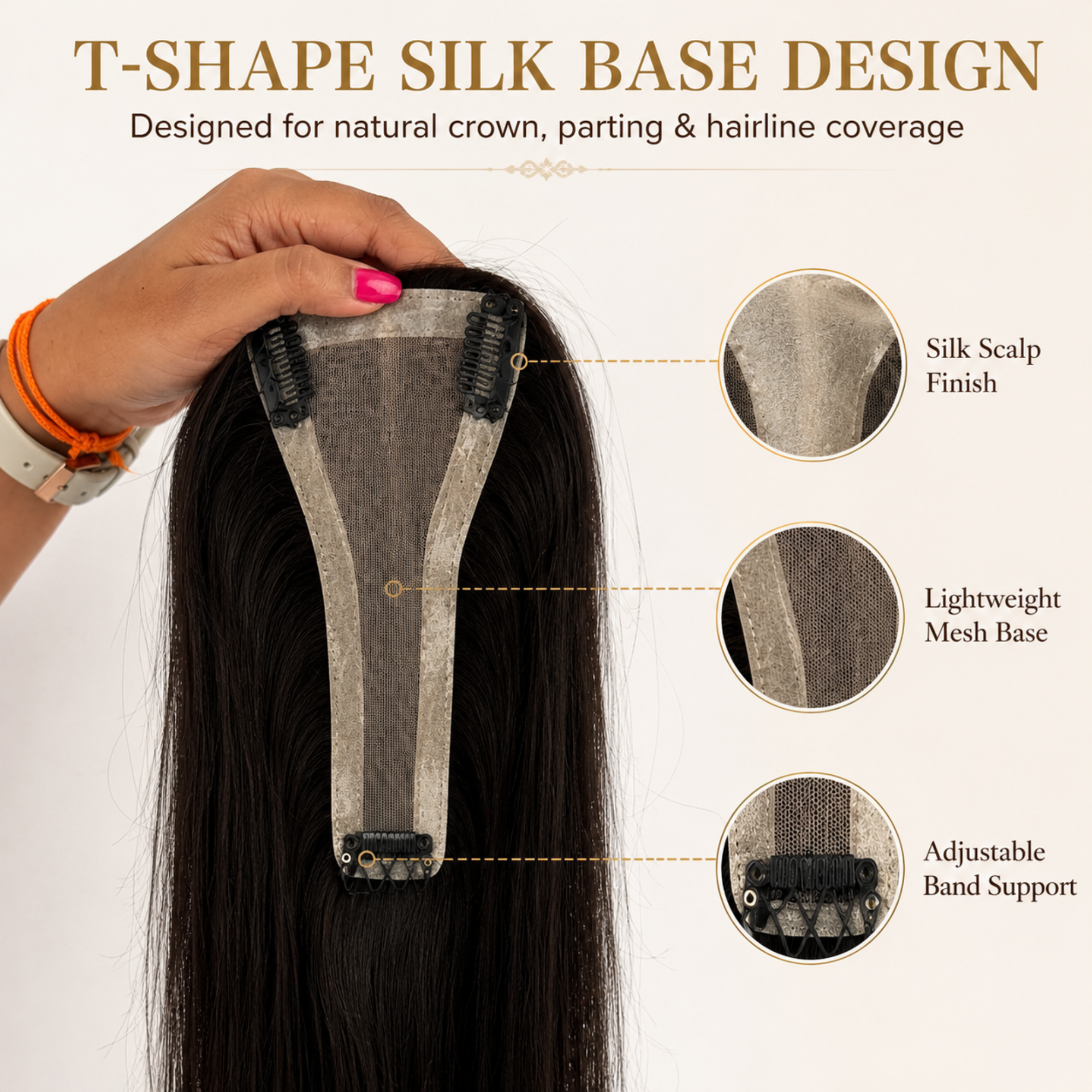 Hairzo T-Shape Clipless Silk Hair Topper | 100% Virgin Remy Human Hair Topper with Adjustable Band | Crown & Parting Coverage Hair Topper for Women