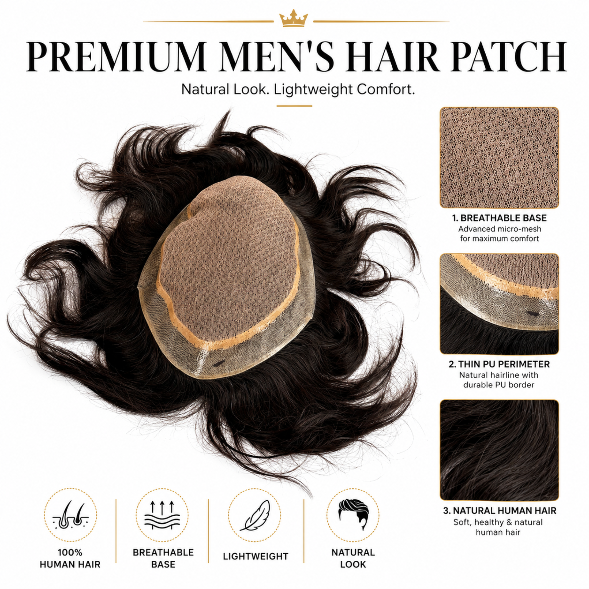 Hairzo Mirage Skin Base Hair Patch for Men – 100% Human Hair with Wide PU Border