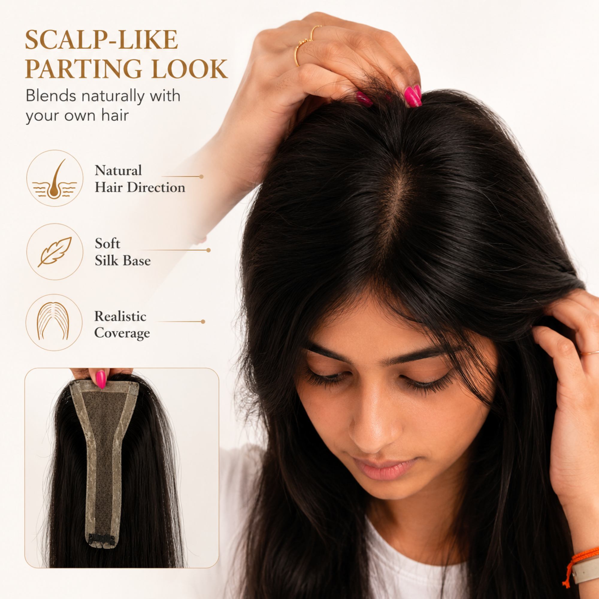 Hairzo T-Shape Clipless Silk Hair Topper | 100% Virgin Remy Human Hair Topper with Adjustable Band | Crown & Parting Coverage Hair Topper for Women