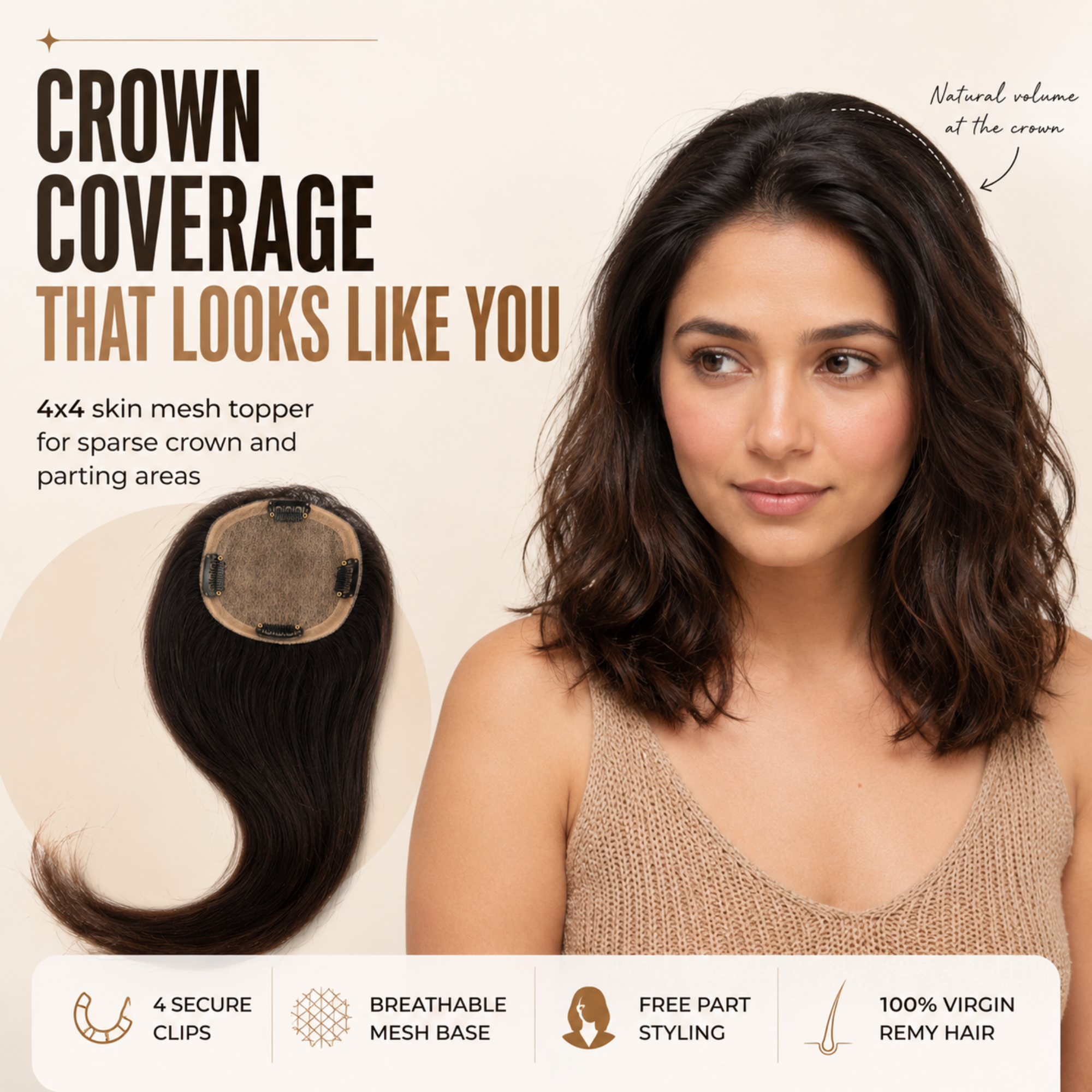 Hairzo 4x4 Skin Mesh Hair Topper | 100% Virgin Remy Human Hair Topper for Women | Natural Crown Coverage & Volume Enhancement Hairpiece