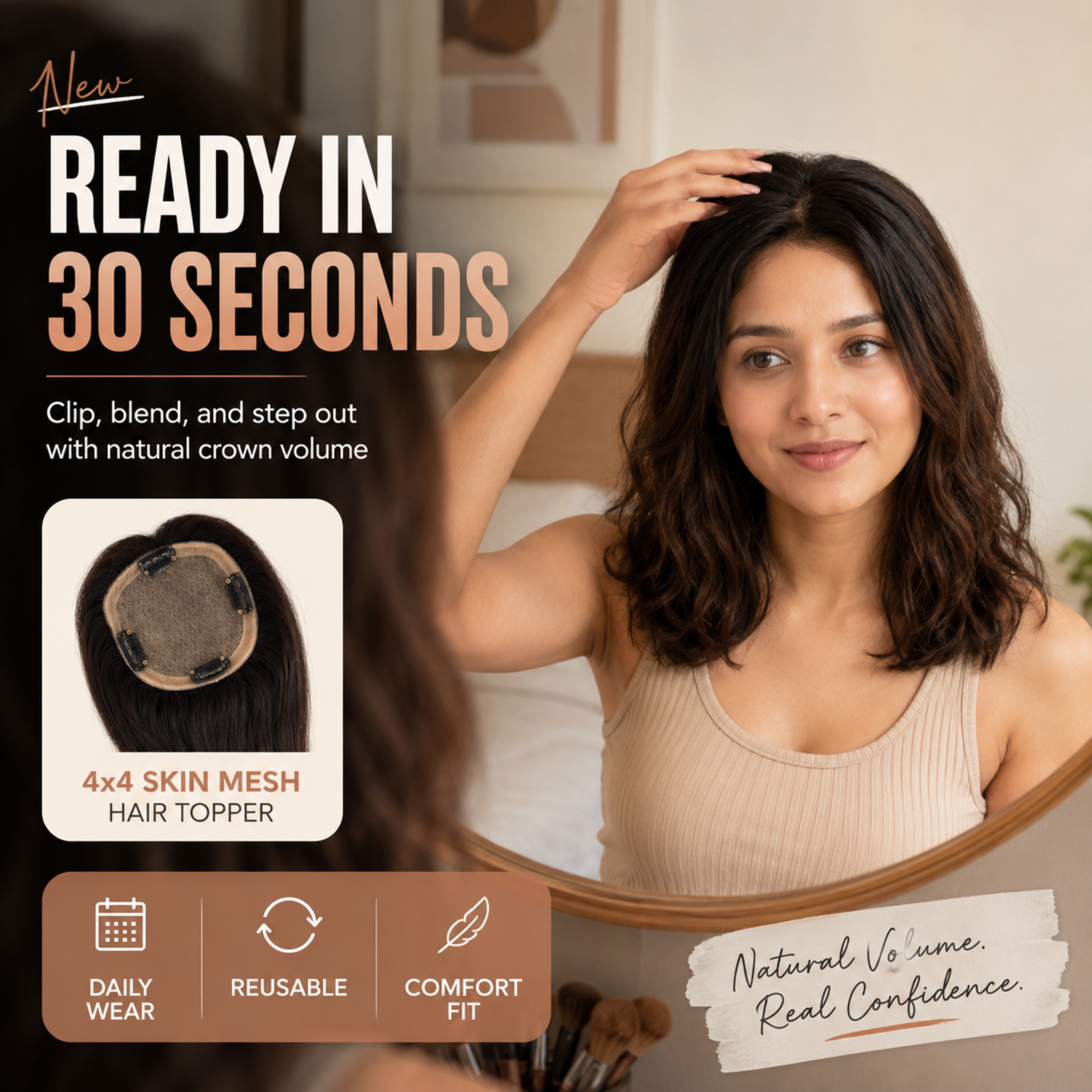 Hairzo 4x4 Skin Mesh Hair Topper | 100% Virgin Remy Human Hair Topper for Women | Natural Crown Coverage & Volume Enhancement Hairpiece