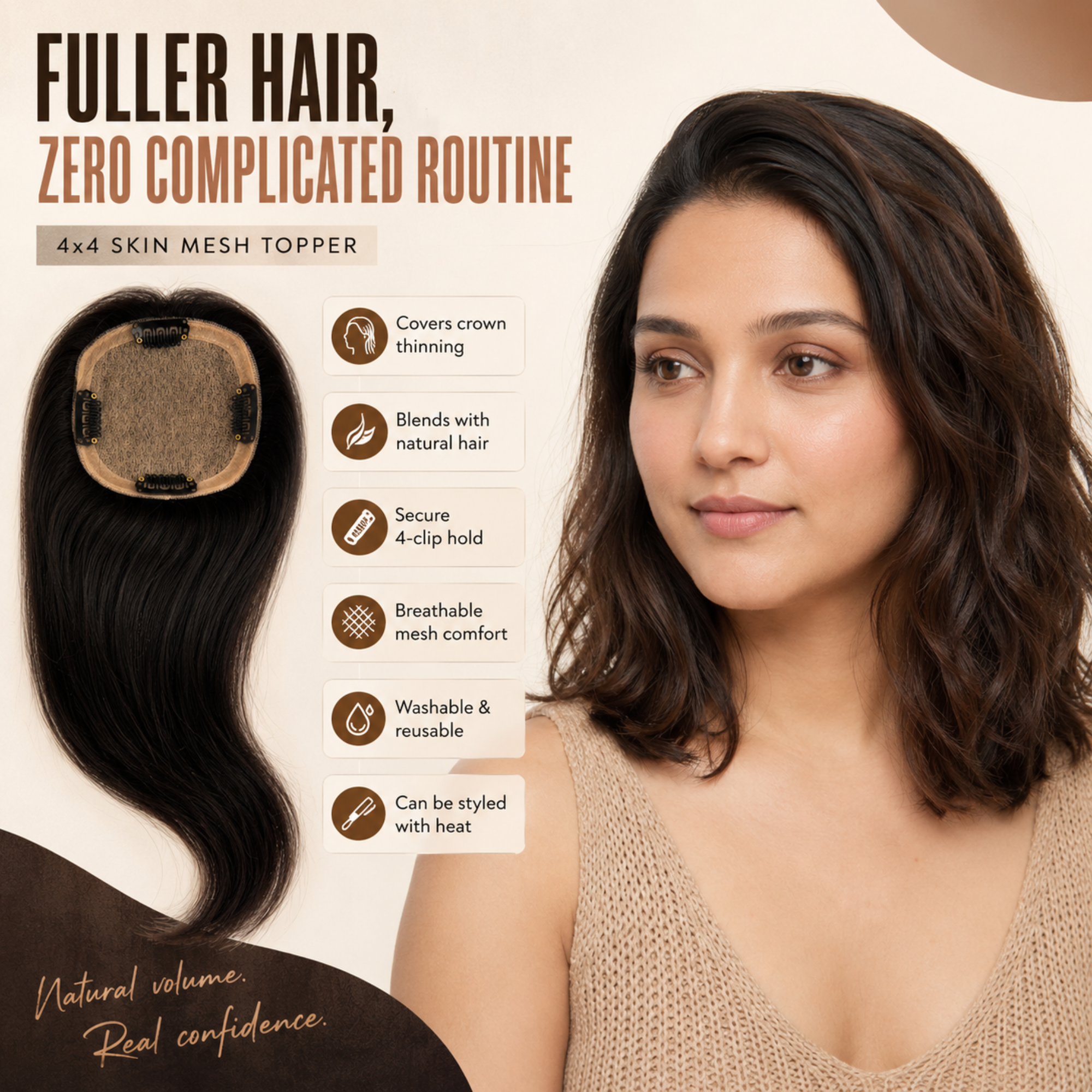 Hairzo 4x4 Skin Mesh Hair Topper | 100% Virgin Remy Human Hair Topper for Women | Natural Crown Coverage & Volume Enhancement Hairpiece