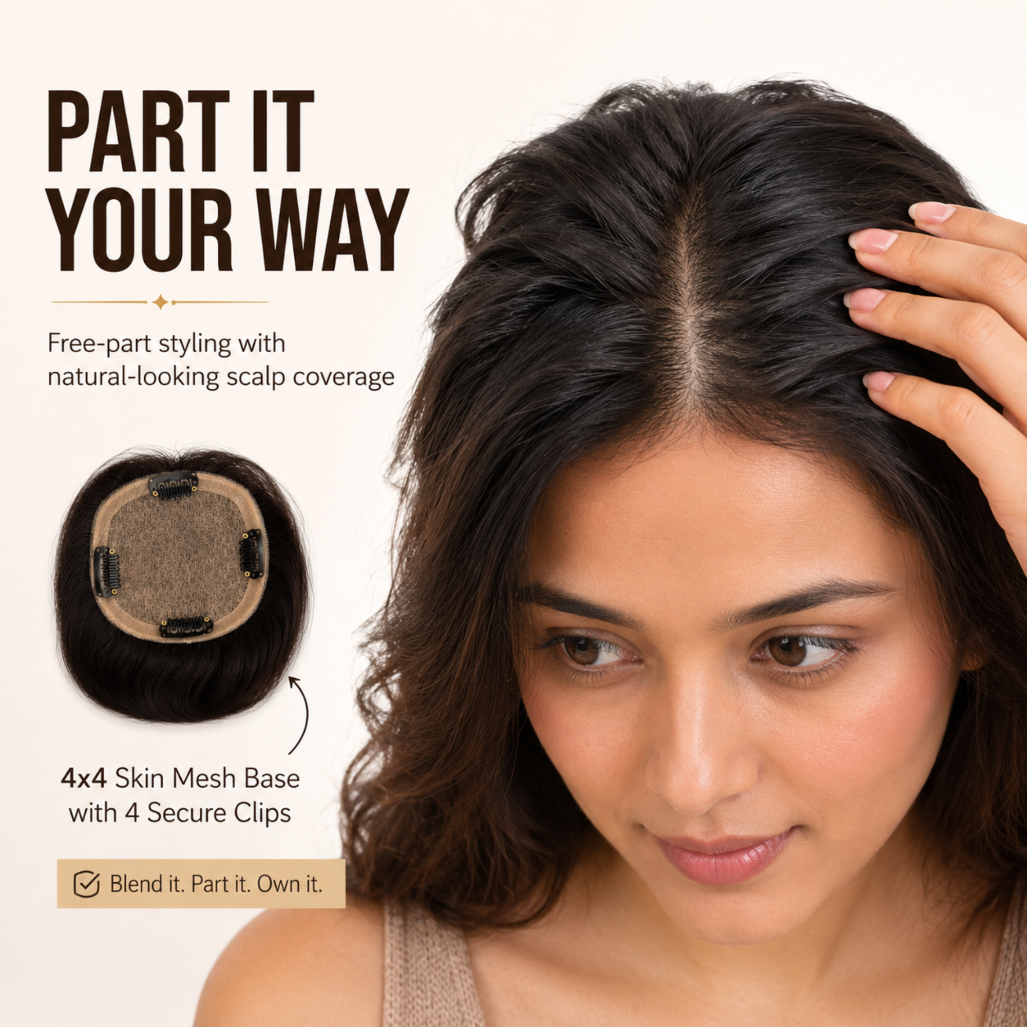 Hairzo 4x4 Skin Mesh Hair Topper | 100% Virgin Remy Human Hair Topper for Women | Natural Crown Coverage & Volume Enhancement Hairpiece