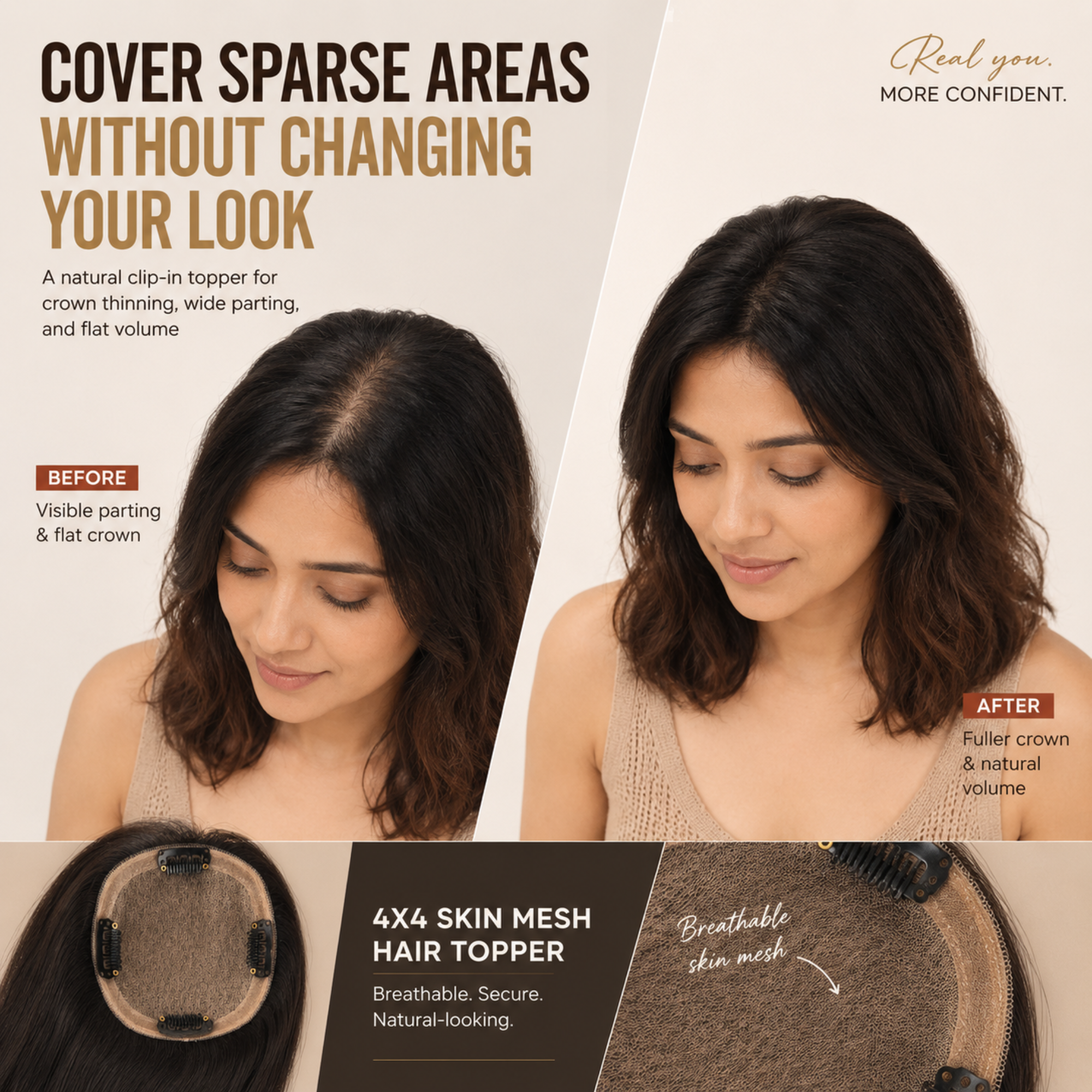Hairzo 4x4 Skin Mesh Hair Topper | 100% Virgin Remy Human Hair Topper for Women | Natural Crown Coverage & Volume Enhancement Hairpiece
