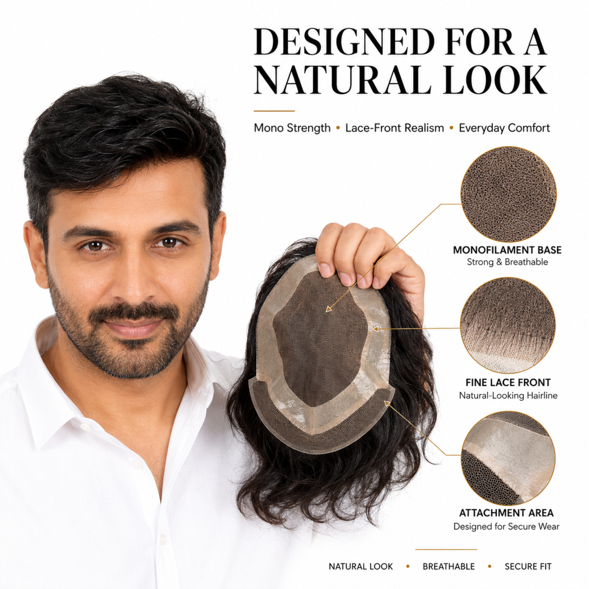 Hairzo Mono Front Lace Hair Patch for Men – 100% Real Human Hair with PU Perimeter