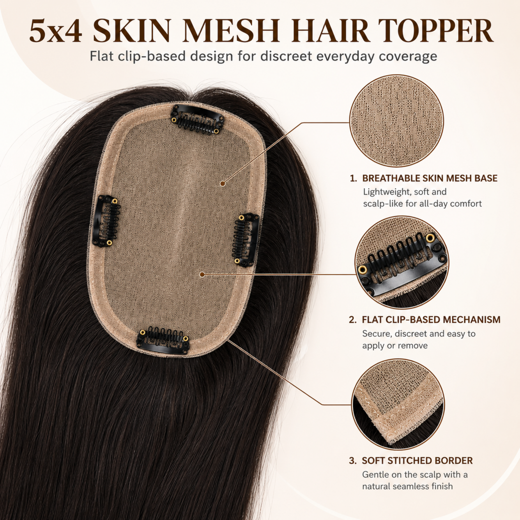 Hairzo 5x4 Skin Mesh Hair Topper | 100% Human Hair Topper for Women | Clip-In Hair Topper for Thinning Hair & Bald Spot Coverage
