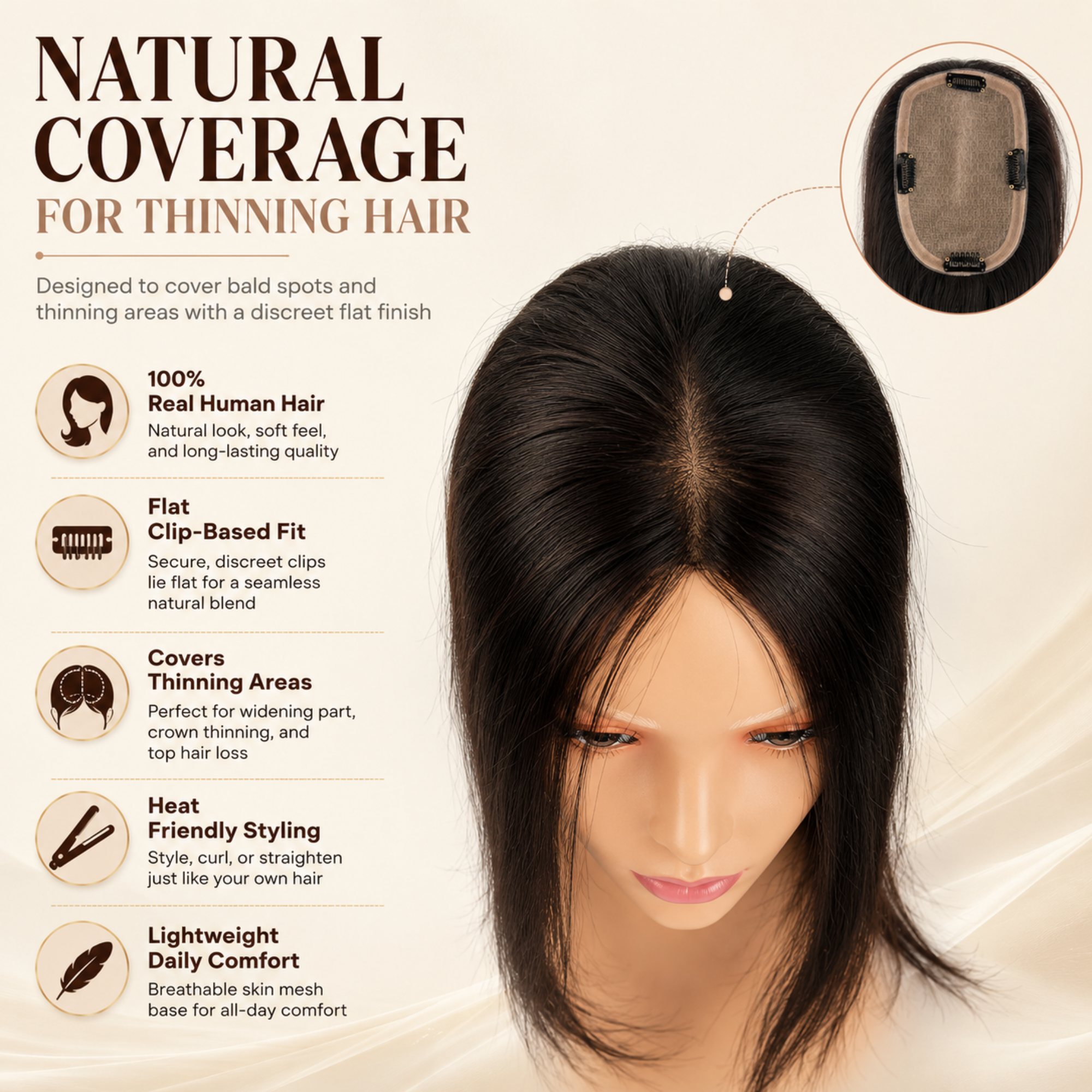 Hairzo 5x4 Skin Mesh Hair Topper | 100% Human Hair Topper for Women | Clip-In Hair Topper for Thinning Hair & Bald Spot Coverage