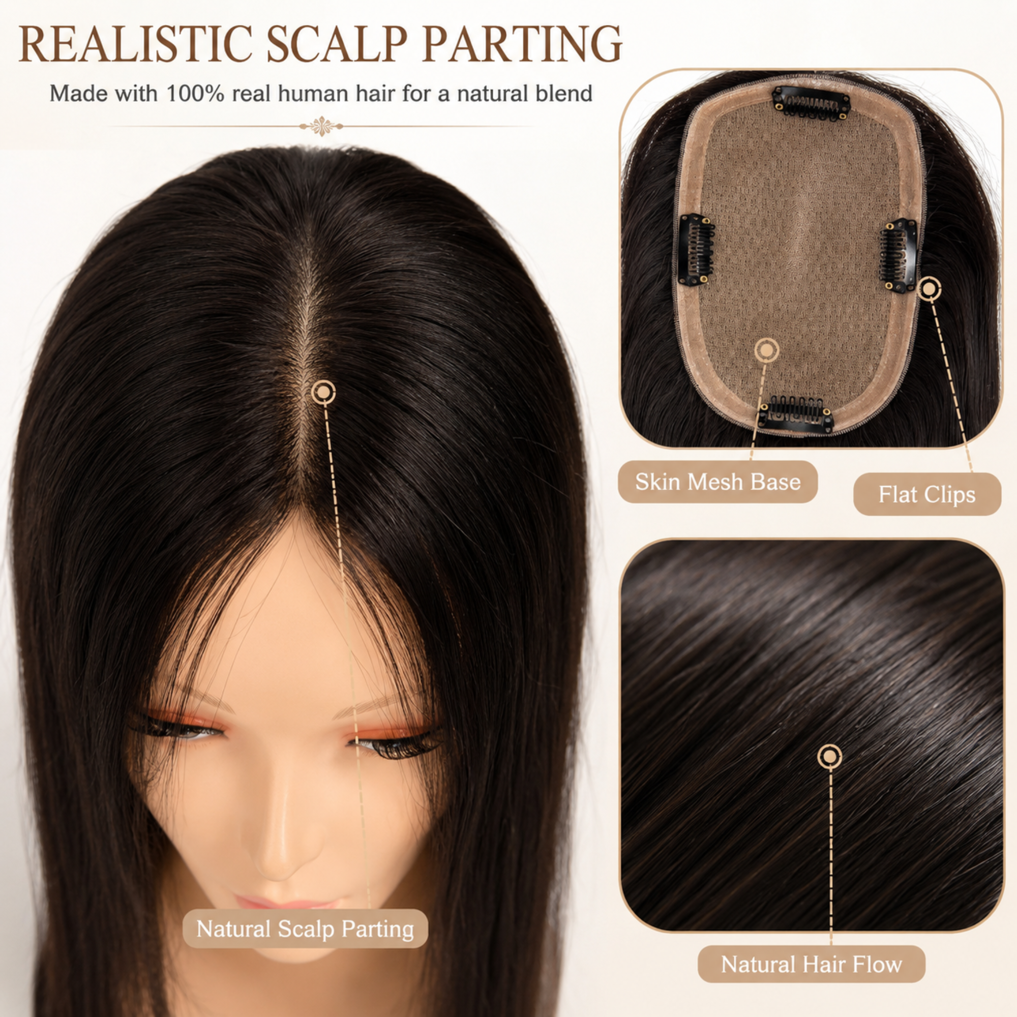 Hairzo 5x4 Skin Mesh Hair Topper | 100% Human Hair Topper for Women | Clip-In Hair Topper for Thinning Hair & Bald Spot Coverage