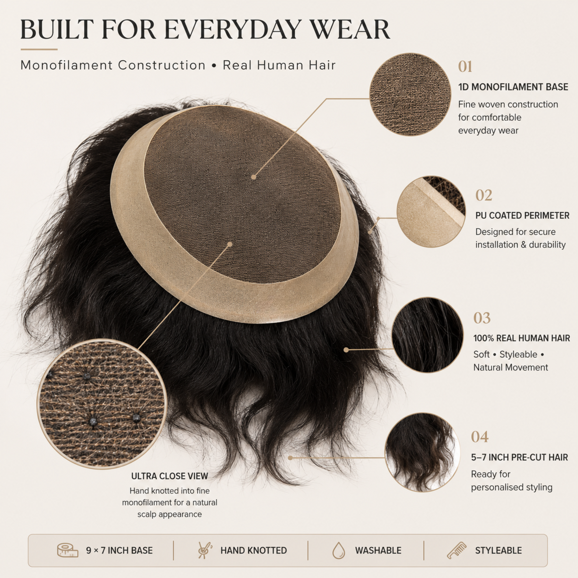Hairzo Monofilament Hair Patch for Men – 100% Real Human Hair with PU Perimeter