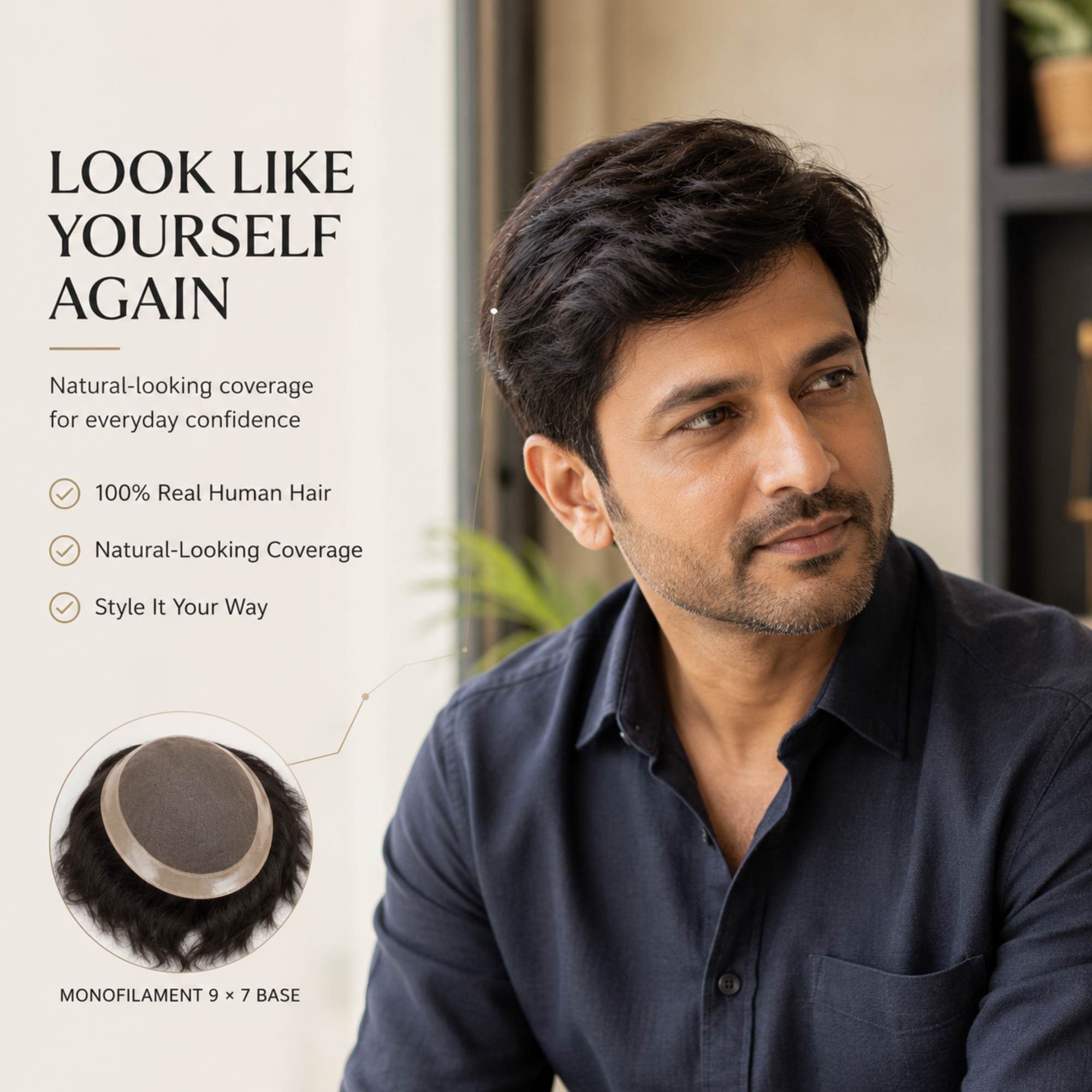 Hairzo Monofilament Hair Patch for Men – 100% Real Human Hair with PU Perimeter