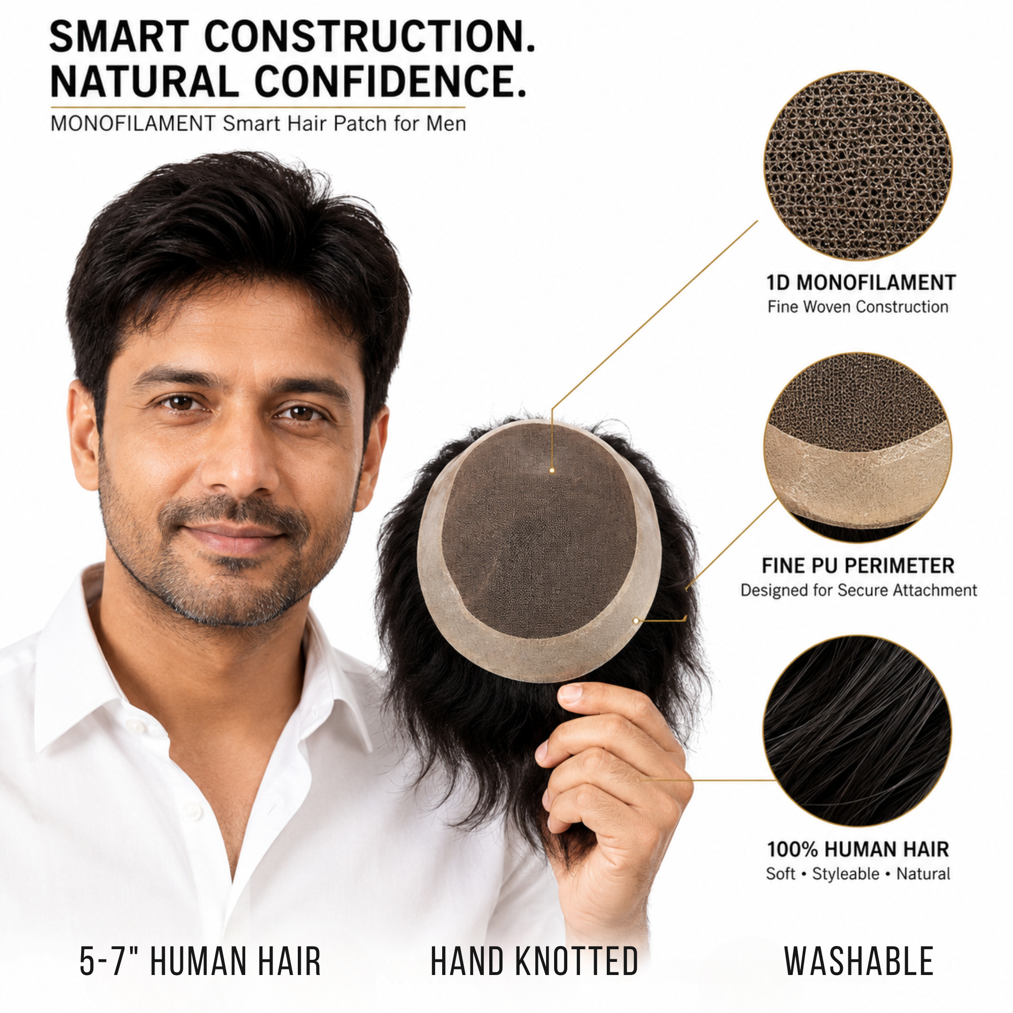 Hairzo Monofilament Hair Patch for Men – 100% Real Human Hair with PU Perimeter