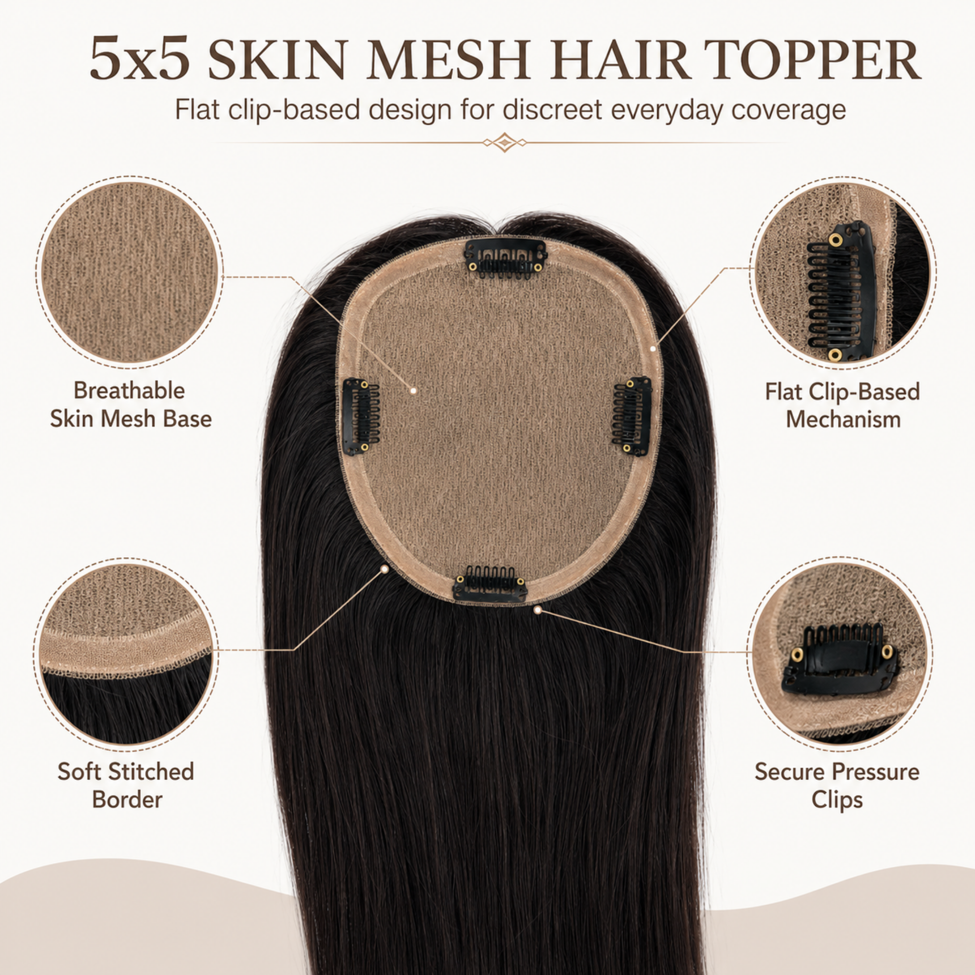 Hairzo 5x5 Skin Mesh Hair Topper | 100% Human Hair Topper for Women | Clip-In Crown Coverage Hair Topper for Thinning Hair & Bald Spots