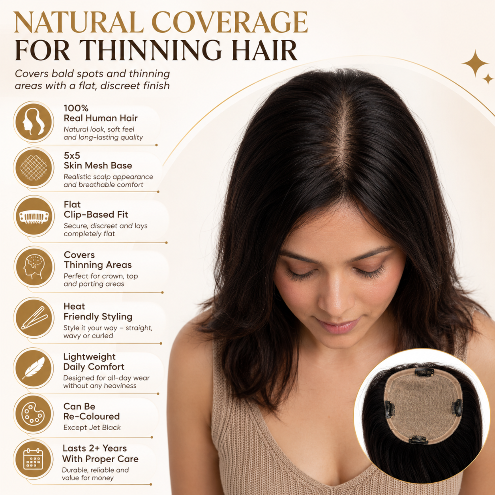 Hairzo 5x5 Skin Mesh Hair Topper | 100% Human Hair Topper for Women | Clip-In Crown Coverage Hair Topper for Thinning Hair & Bald Spots
