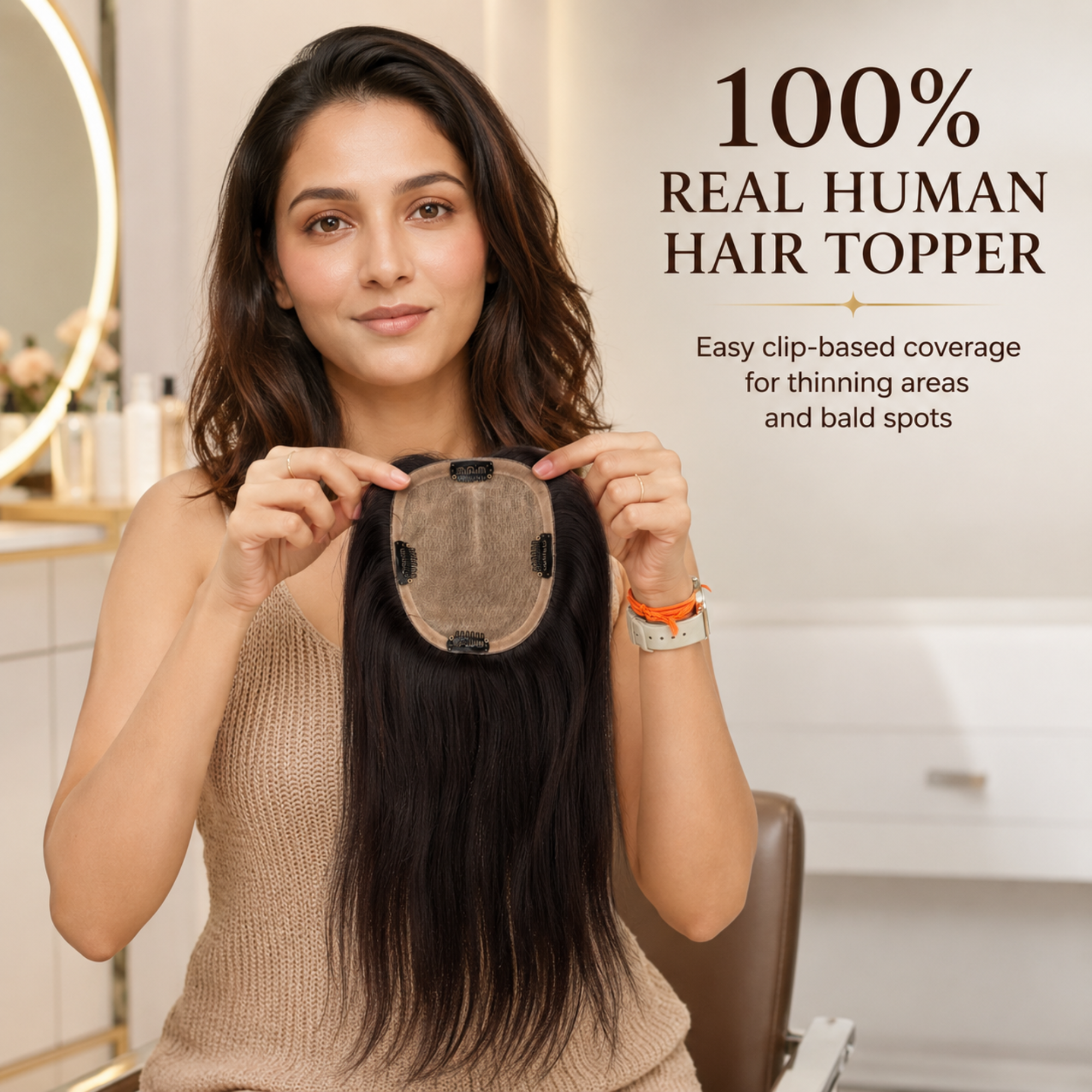 Hairzo 5x5 Skin Mesh Hair Topper | 100% Human Hair Topper for Women | Clip-In Crown Coverage Hair Topper for Thinning Hair & Bald Spots
