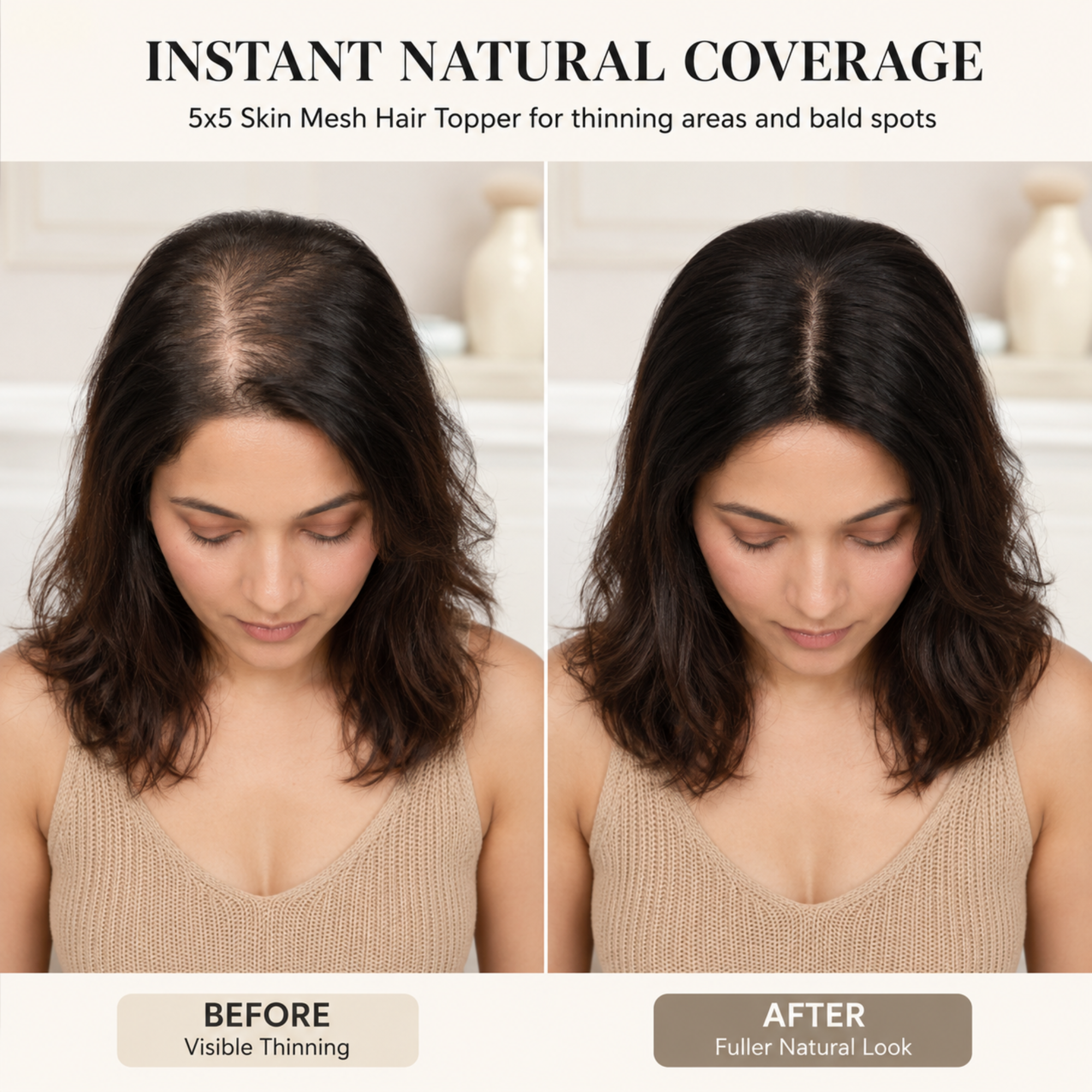 Hairzo 5x5 Skin Mesh Hair Topper | 100% Human Hair Topper for Women | Clip-In Crown Coverage Hair Topper for Thinning Hair & Bald Spots