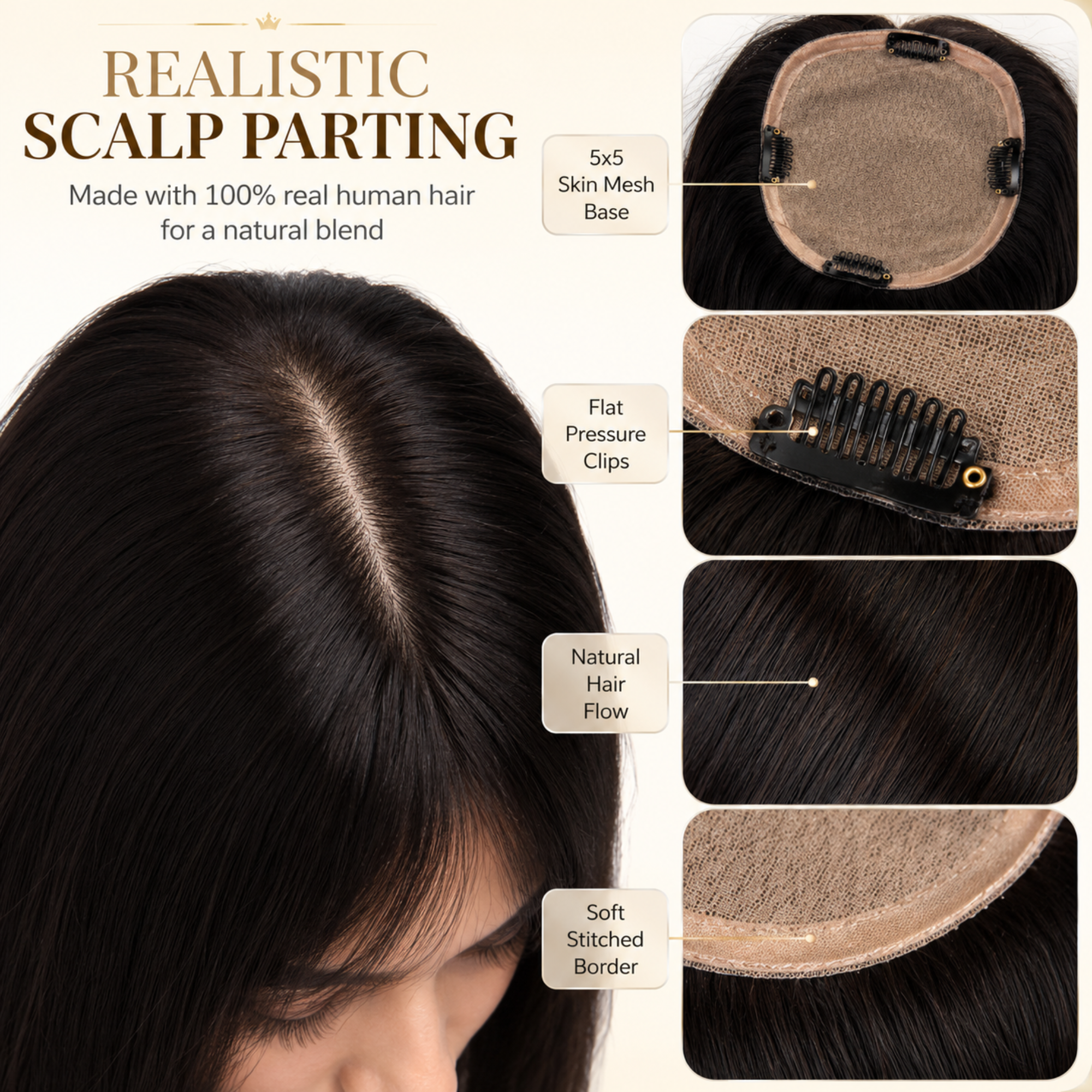Hairzo 5x5 Skin Mesh Hair Topper | 100% Human Hair Topper for Women | Clip-In Crown Coverage Hair Topper for Thinning Hair & Bald Spots