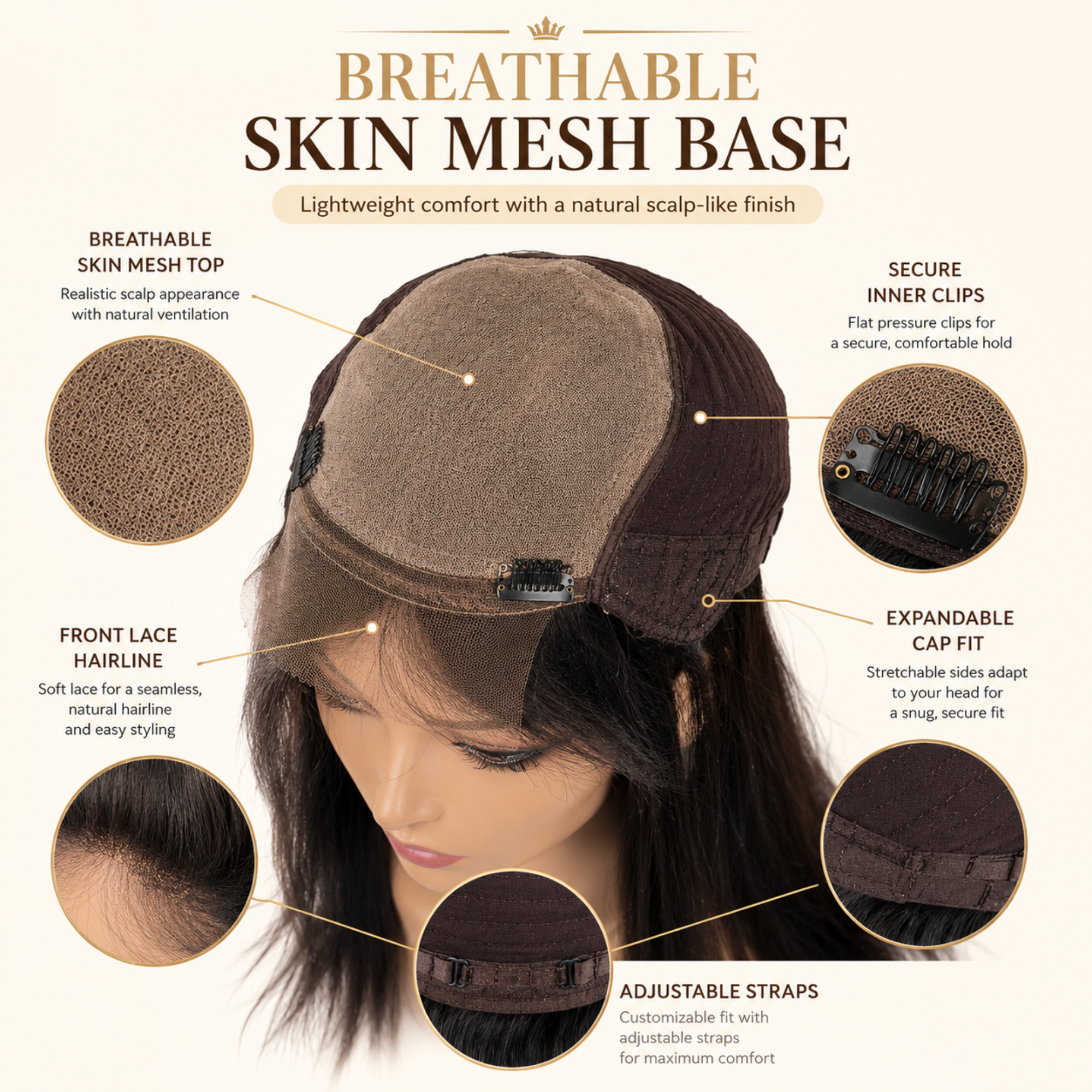 Hairzo Front Lace Expandable Skin Mesh Ladies Wig | 100% Human Hair Wig for Women | Monofilament Top Full Wig with Natural Hairline