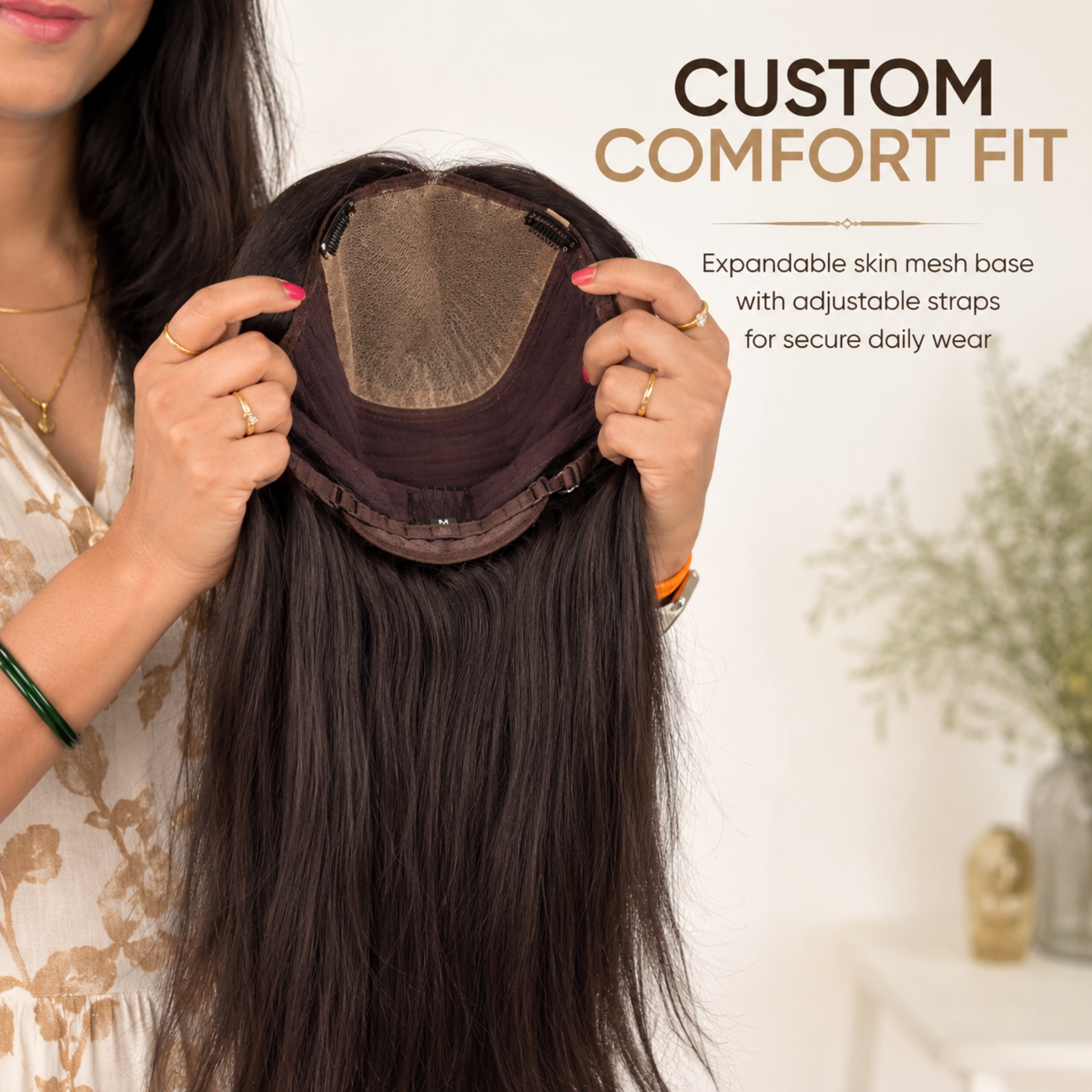 Hairzo Front Lace Expandable Skin Mesh Ladies Wig | 100% Human Hair Wig for Women | Monofilament Top Full Wig with Natural Hairline