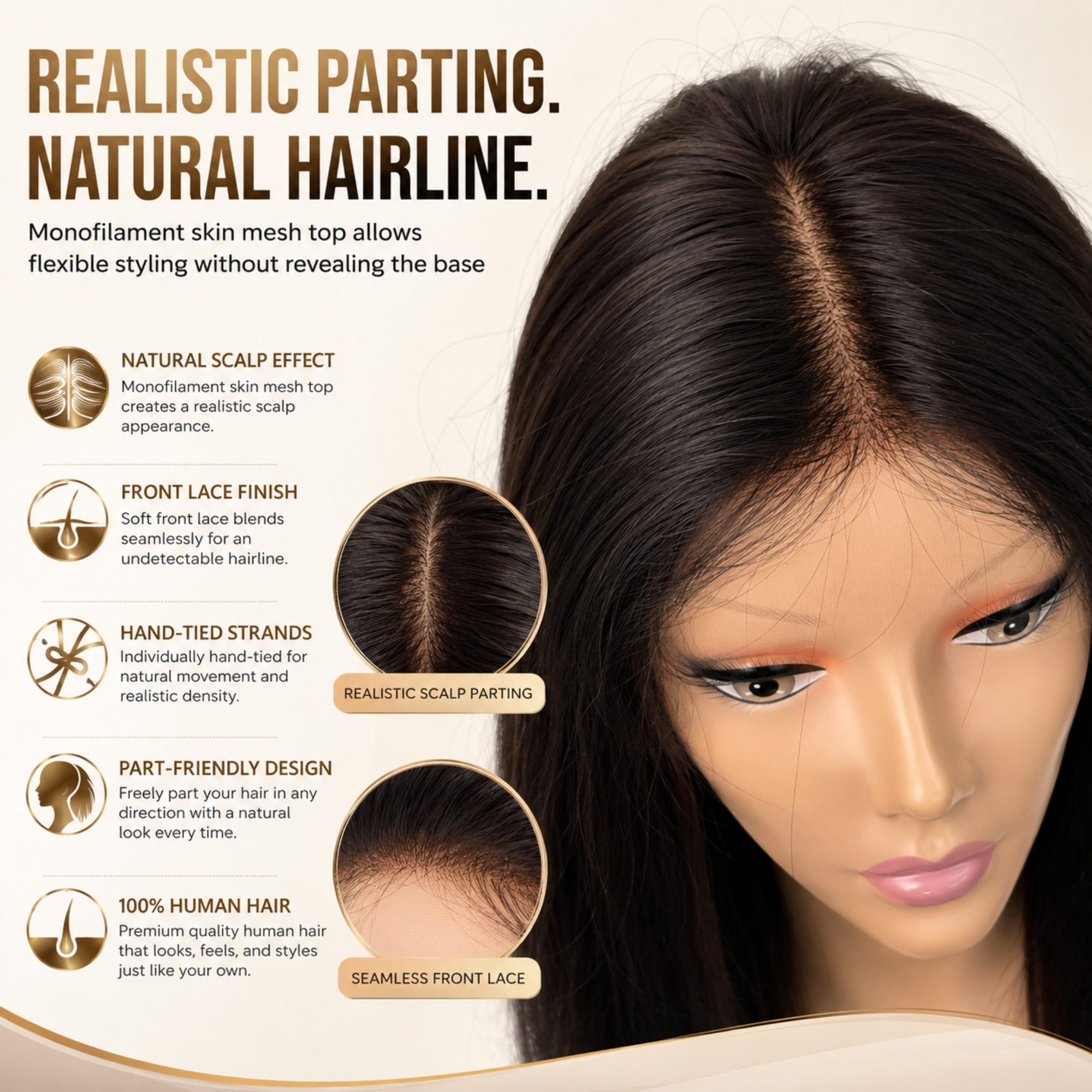 Hairzo Front Lace Expandable Skin Mesh Ladies Wig | 100% Human Hair Wig for Women | Monofilament Top Full Wig with Natural Hairline