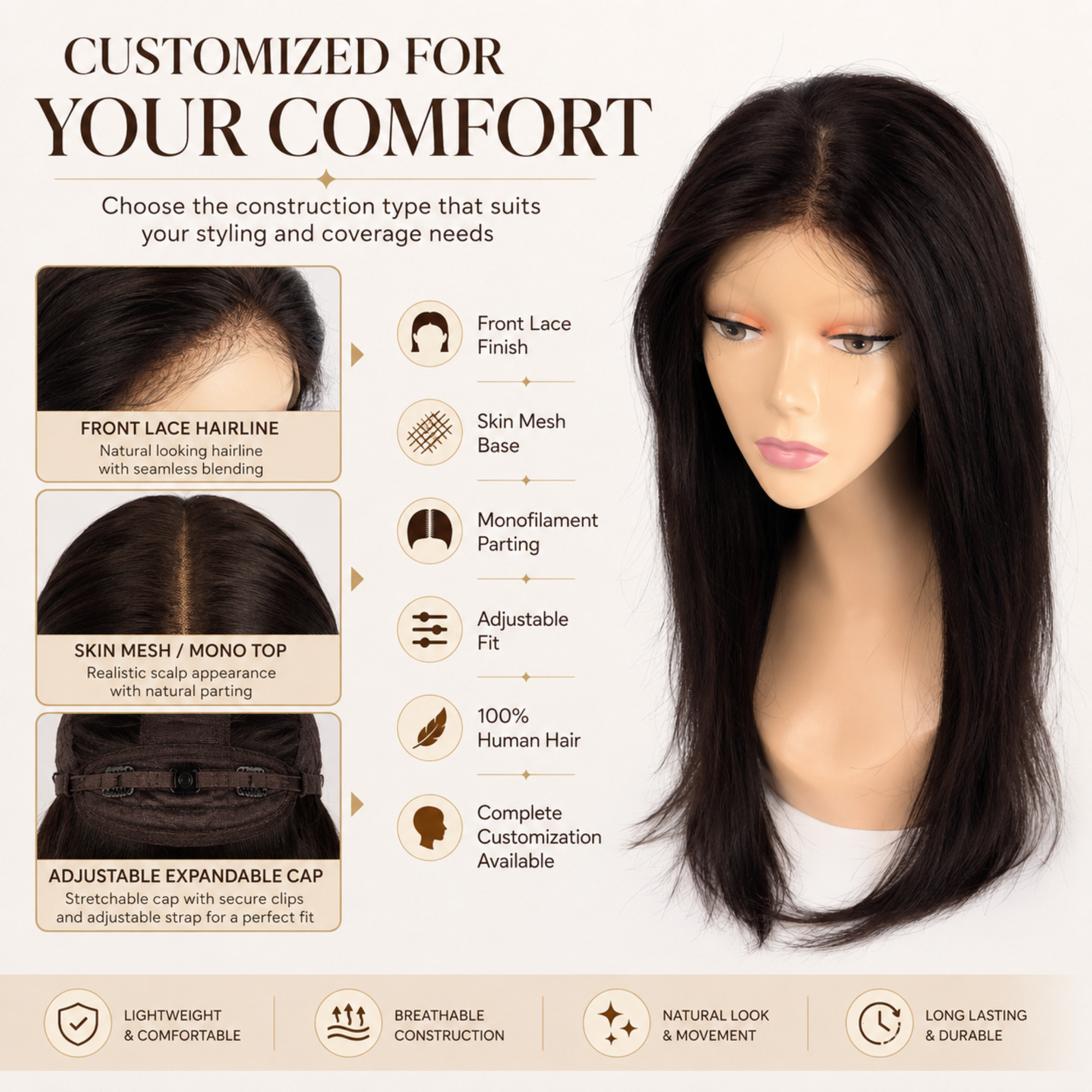 Hairzo Front Lace Expandable Skin Mesh Ladies Wig | 100% Human Hair Wig for Women | Monofilament Top Full Wig with Natural Hairline