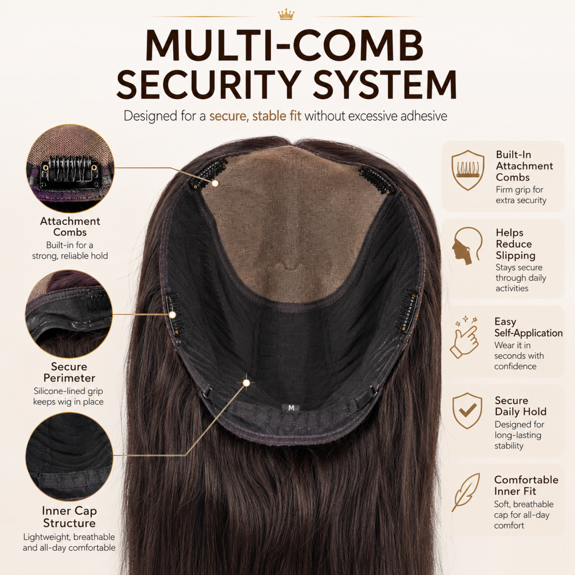 Hairzo Multi Combing Silicone Hair Wig for Women | Secure Grip Wig with Silicone Cap & Multiple Combs | Natural Looking Full Coverage Wig