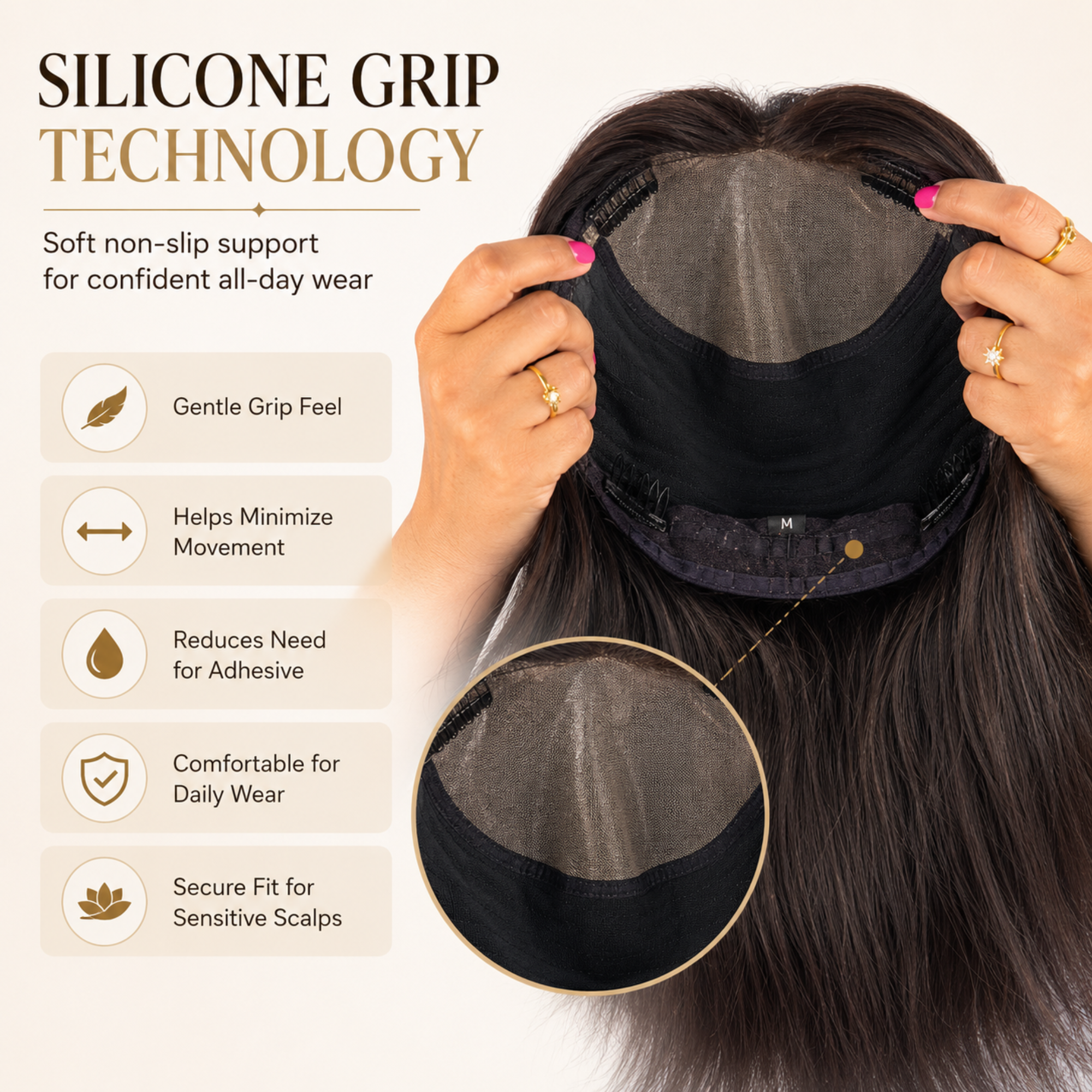 Hairzo Multi Combing Silicone Hair Wig for Women | Secure Grip Wig with Silicone Cap & Multiple Combs | Natural Looking Full Coverage Wig