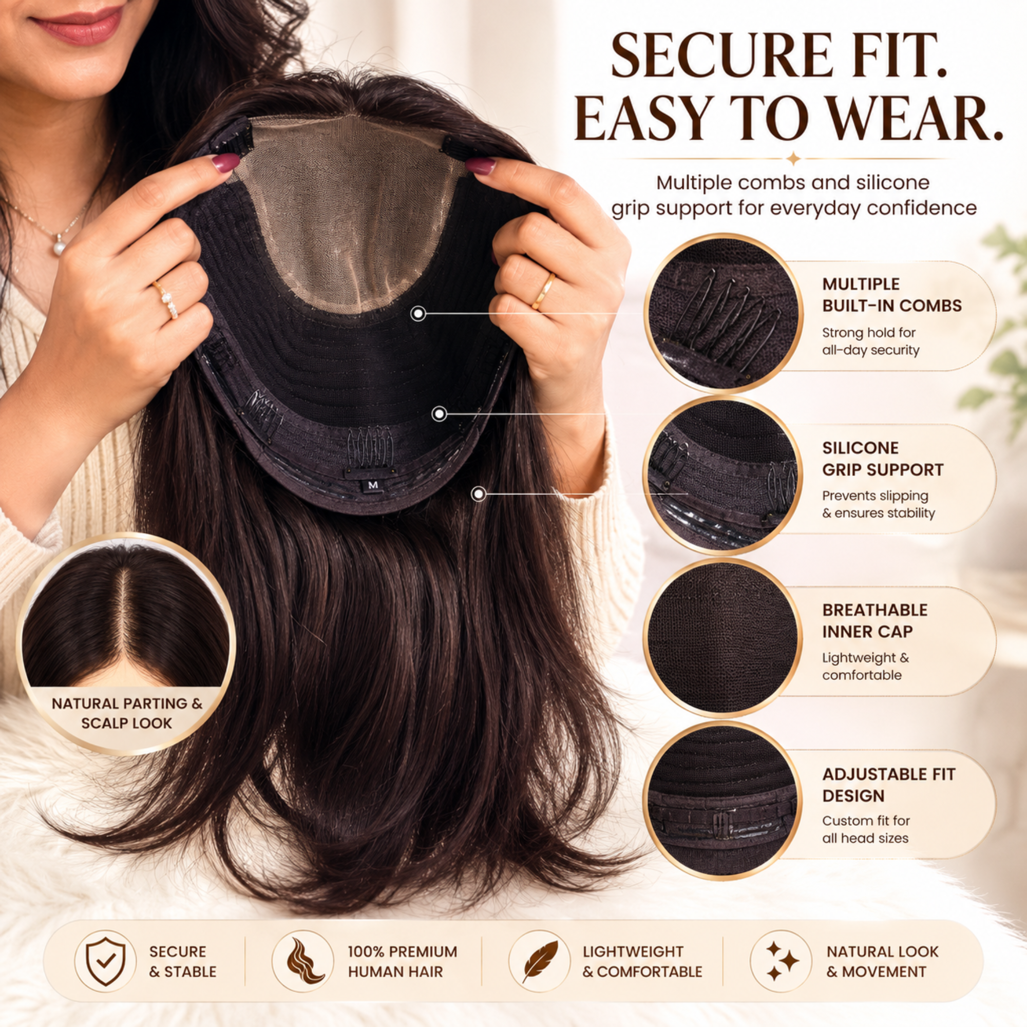 Hairzo Multi Combing Silicone Hair Wig for Women | Secure Grip Wig with Silicone Cap & Multiple Combs | Natural Looking Full Coverage Wig