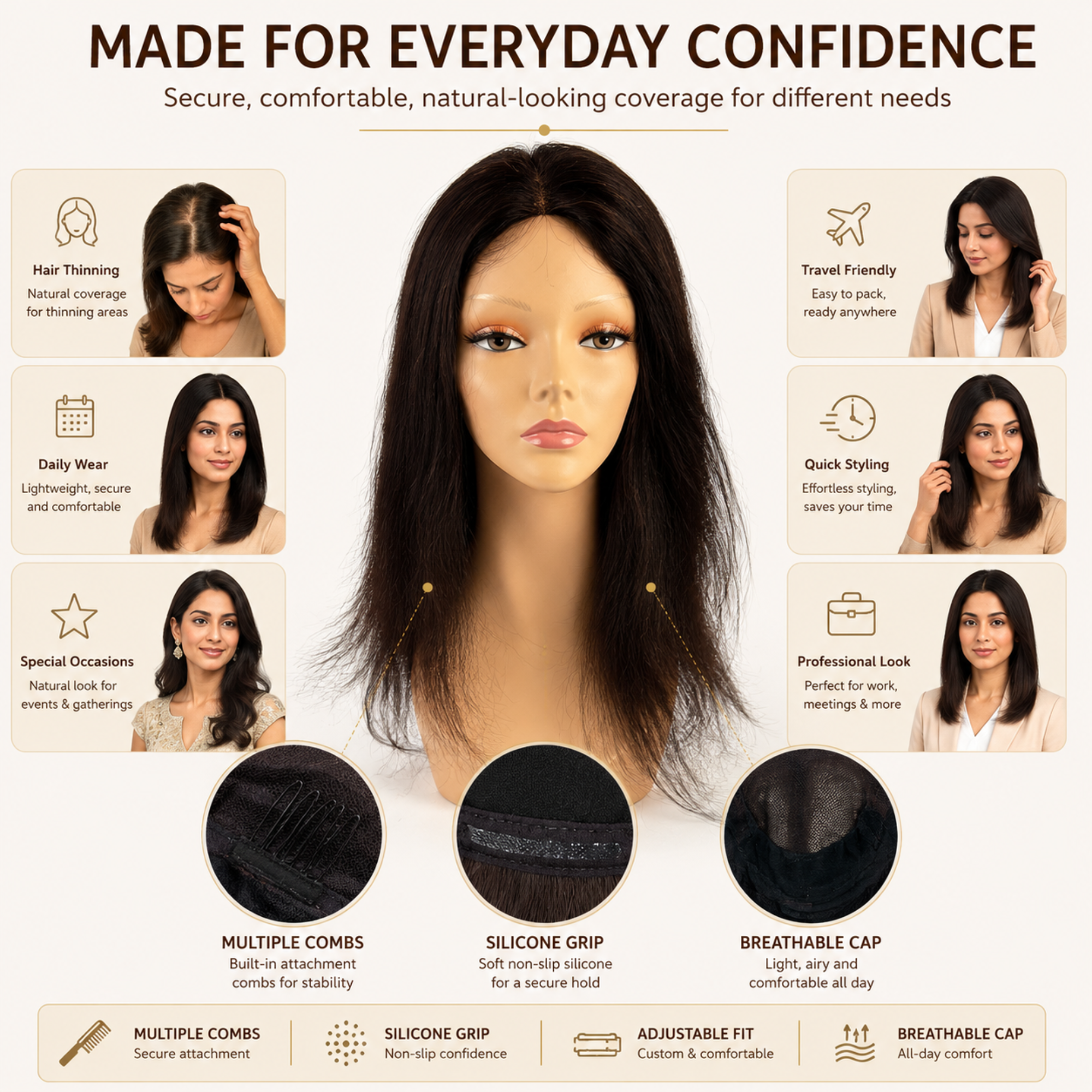 Hairzo Multi Combing Silicone Hair Wig for Women | Secure Grip Wig with Silicone Cap & Multiple Combs | Natural Looking Full Coverage Wig