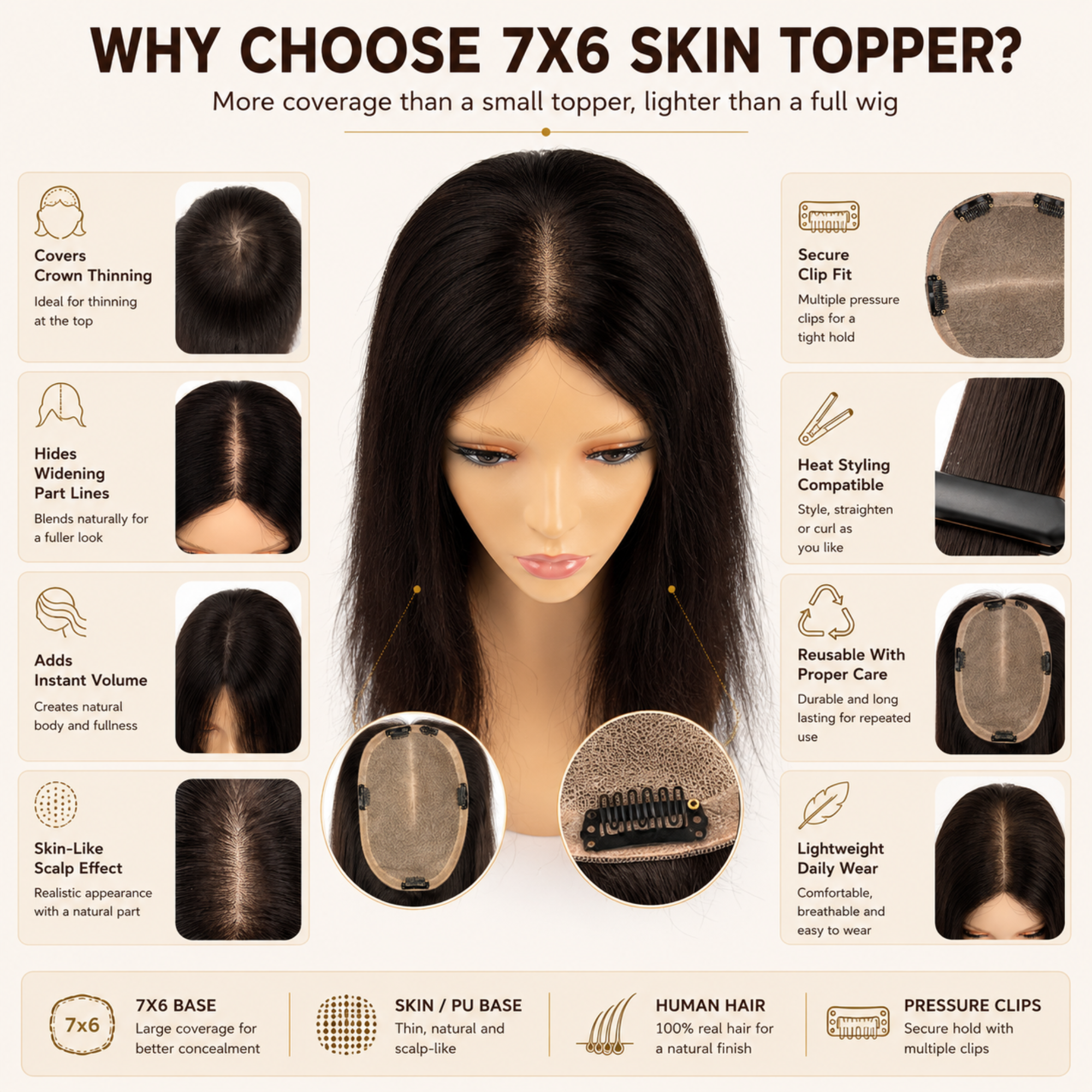 Hairzo Skin Hair Topper 7x6 for Women | 100% Human Hair Topper for Crown Coverage, Volume & Thinning Hair Solution